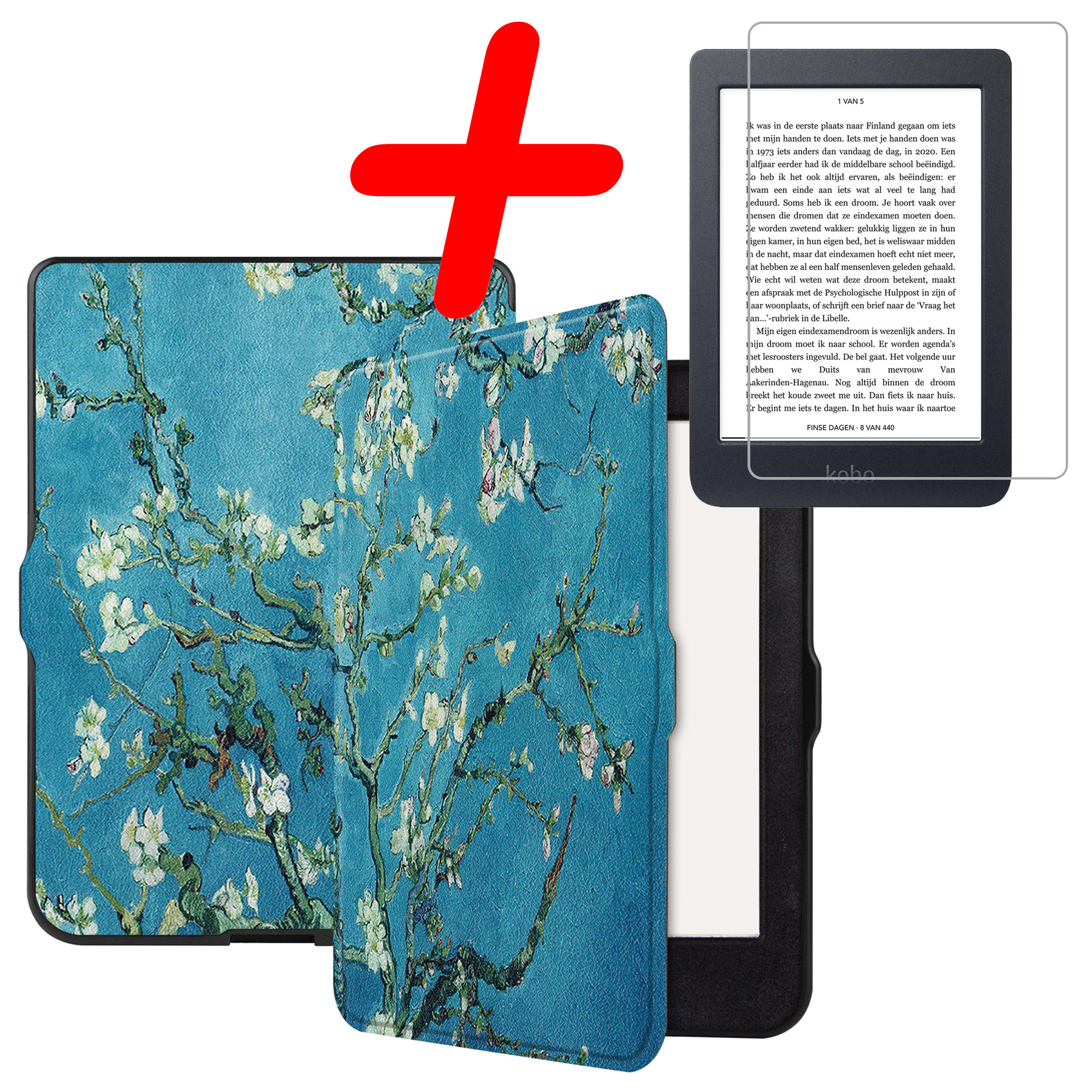 BASEY. Hoes Geschikt voor Kobo Nia Hoesje Bookcase Cover Hoes Met Screenprotector - Hoesje Geschikt voor Kobo Nia Hoes Cover Case - Bloesem