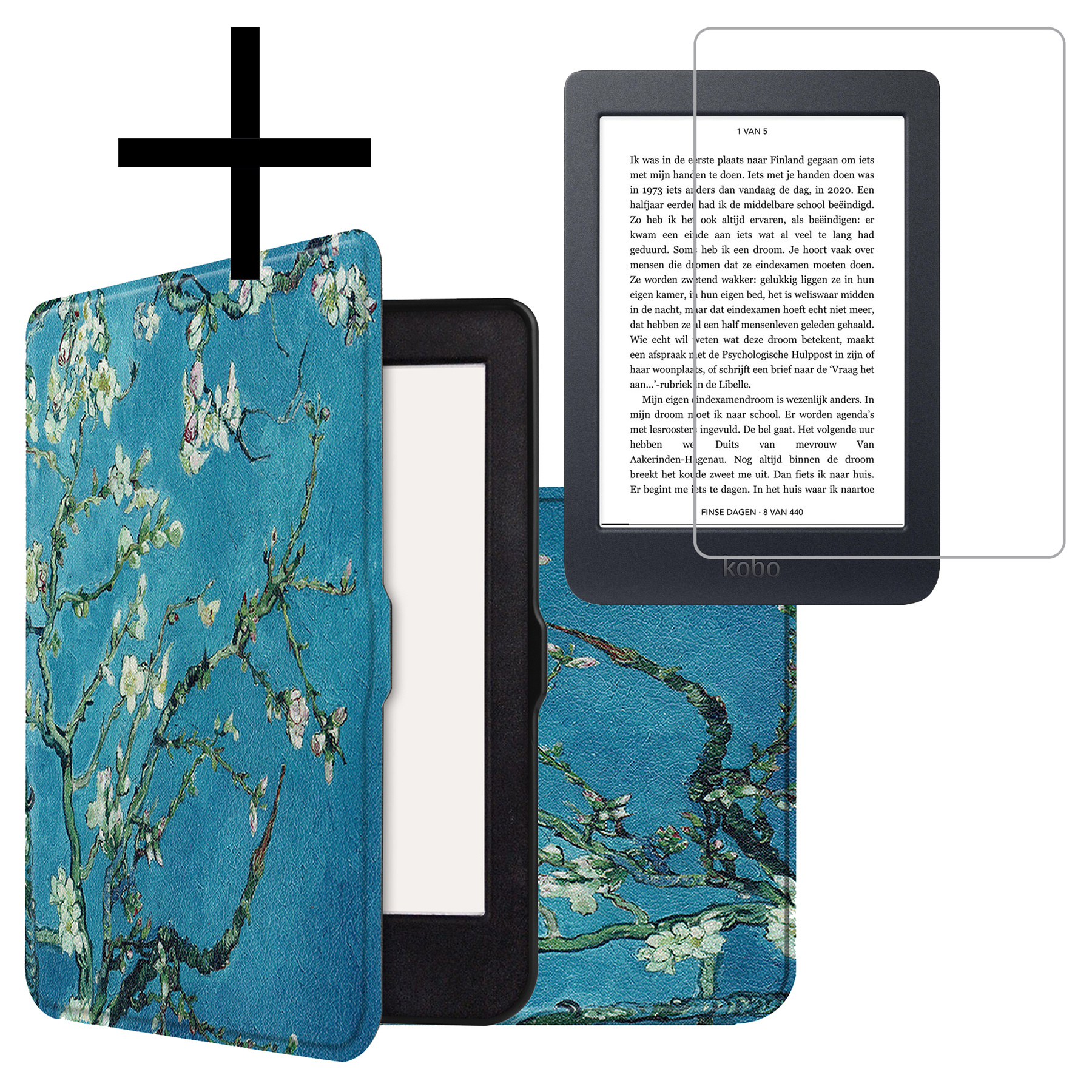 NoXx Hoes Geschikt voor Kobo Nia Hoesje Bookcase Cover Book Case Hoes Sleepcover Met Screenprotector - Bloesem