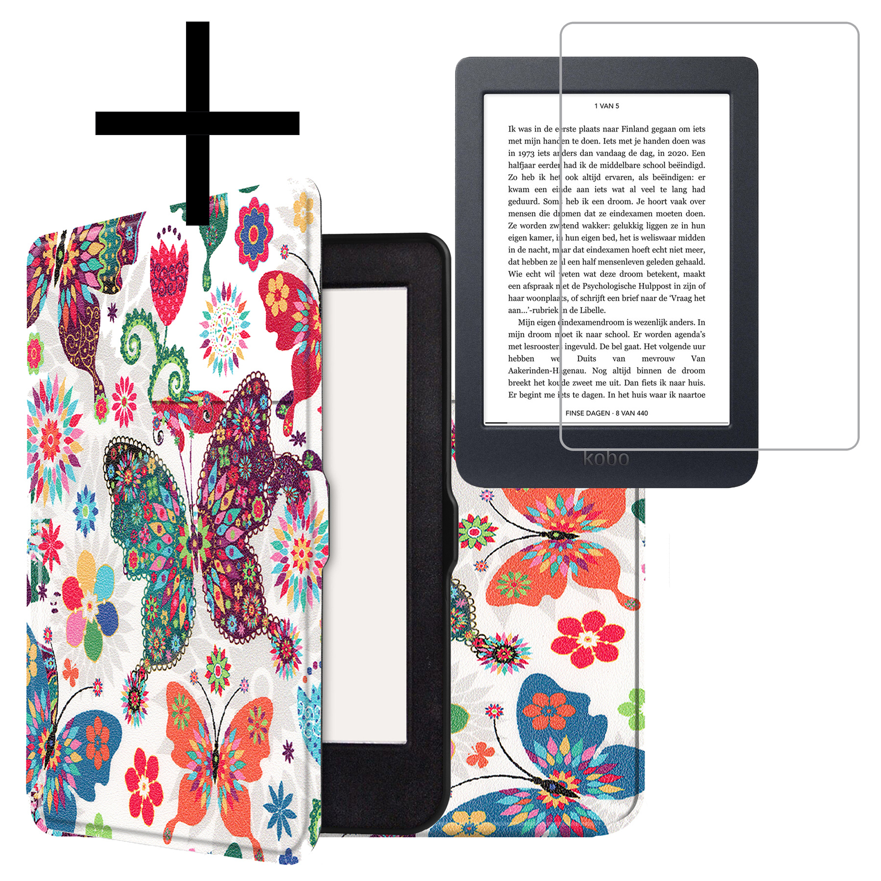 NoXx Hoes Geschikt voor Kobo Nia Hoesje Bookcase Cover Book Case Hoes Sleepcover Met Screenprotector - Vlinders