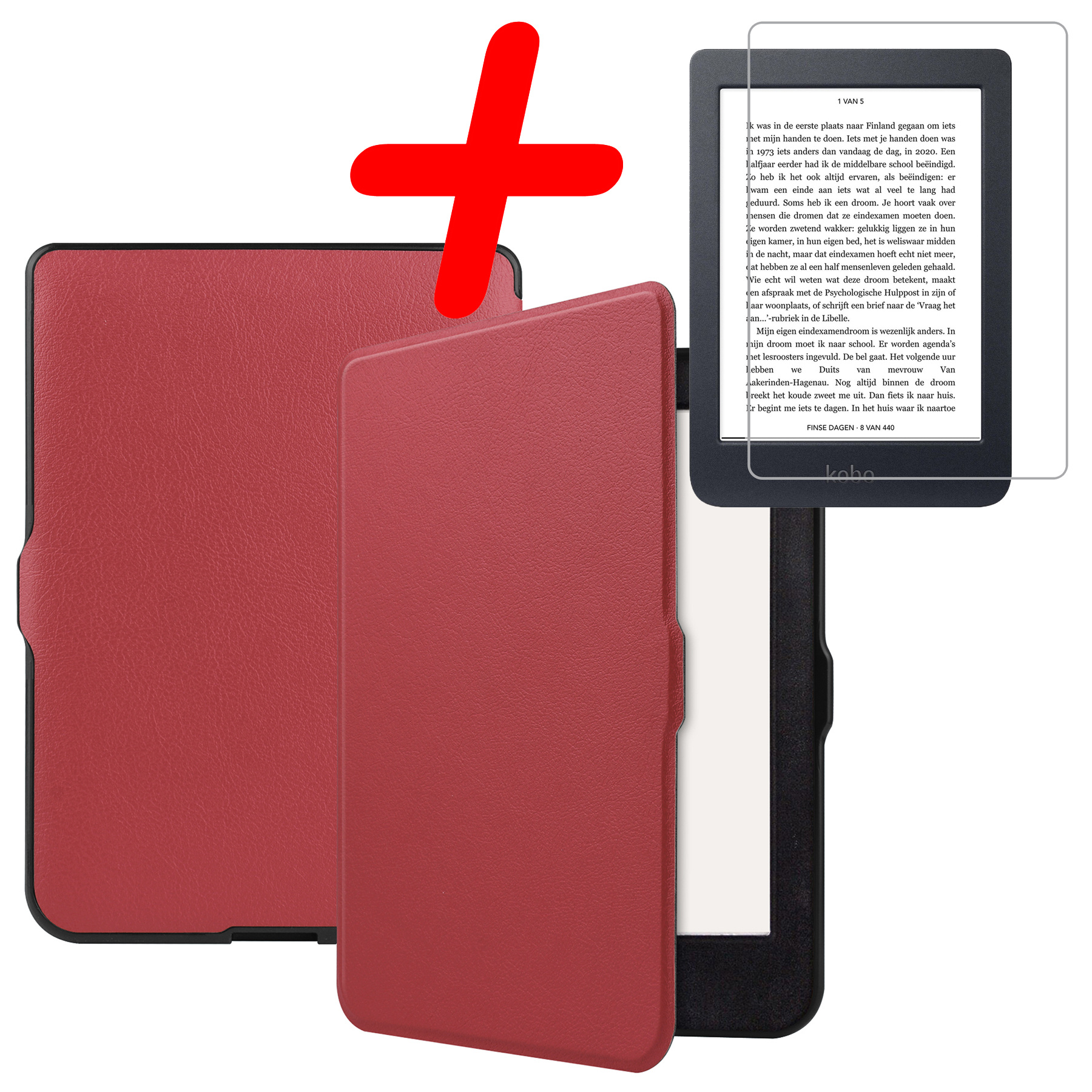 BASEY. Hoes Geschikt voor Kobo Nia Hoesje Bookcase Cover Hoes Met Screenprotector - Hoesje Geschikt voor Kobo Nia Hoes Cover Case - Donkerrood