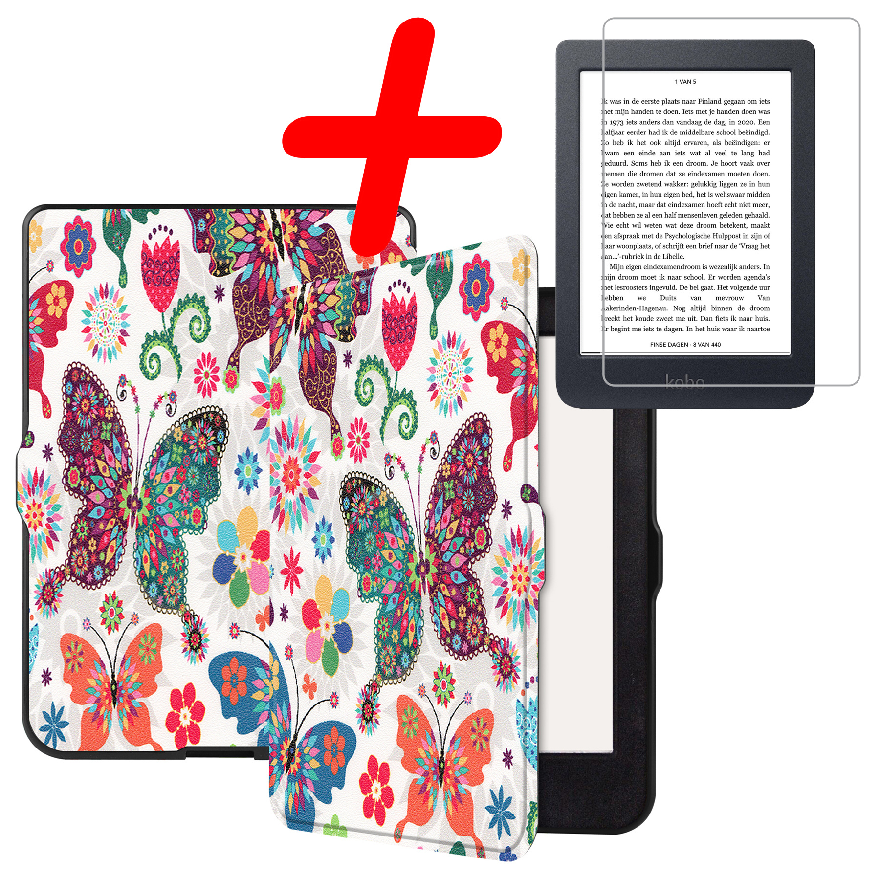 BASEY. Hoes Geschikt voor Kobo Nia Hoesje Bookcase Cover Hoes Met Screenprotector - Hoesje Geschikt voor Kobo Nia Hoes Cover Case - Vlinders
