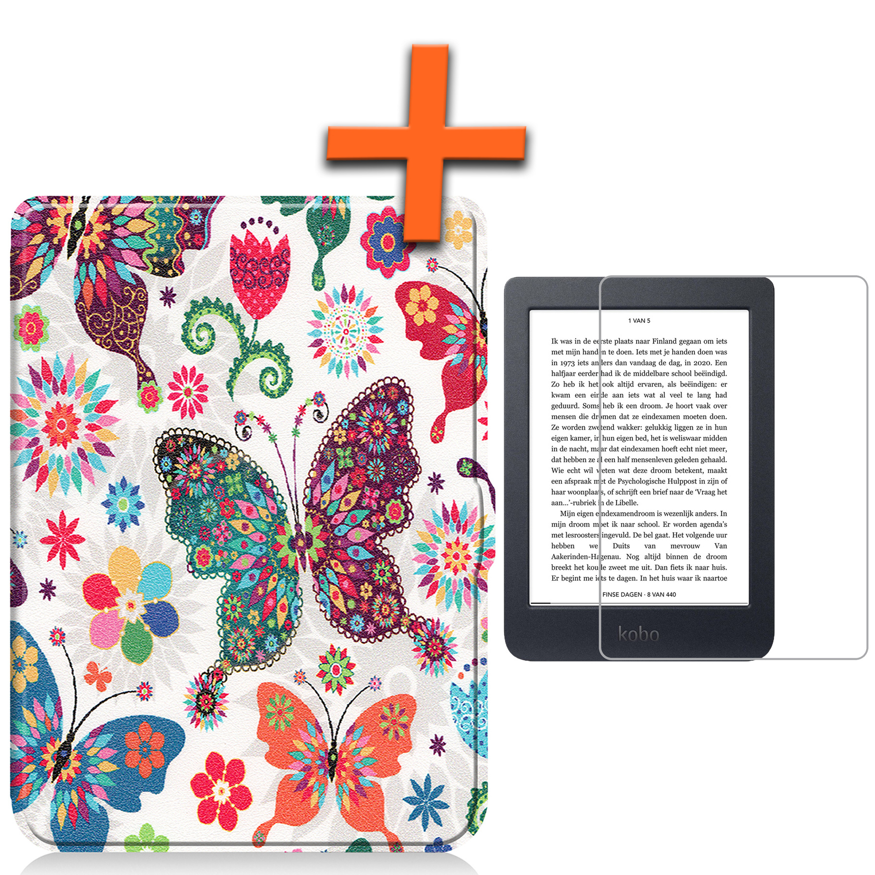 Nomfy Hoesje Geschikt voor Kobo Nia Hoes Book Case - Hoes Geschikt voor Kobo Nia Hoesje Book Cover Met Screenprotector - Vlinders