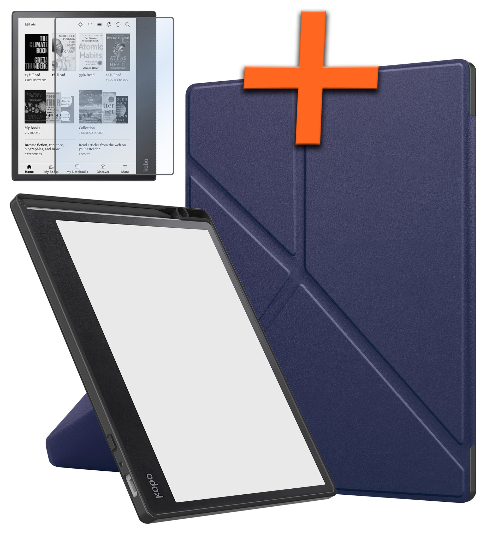 Nomfy Hoesje Geschikt voor Kobo Elipsa 2E Hoes Book Case - Hoes Geschikt voor Kobo Elipsa 2E Hoesje Book Cover Met Screenprotector - Donkerblauw