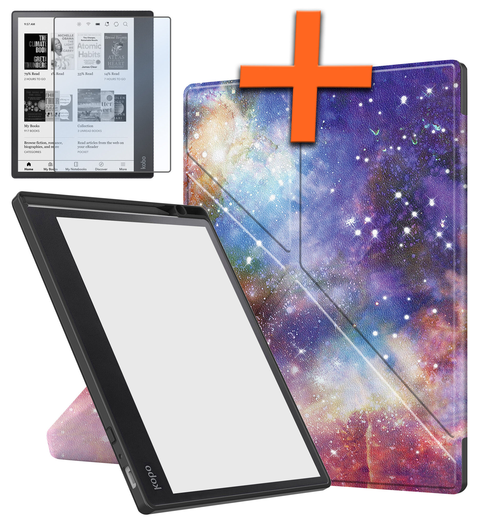 Nomfy Hoesje Geschikt voor Kobo Elipsa 2E Hoes Book Case - Hoes Geschikt voor Kobo Elipsa 2E Hoesje Book Cover Met Screenprotector - Galaxy