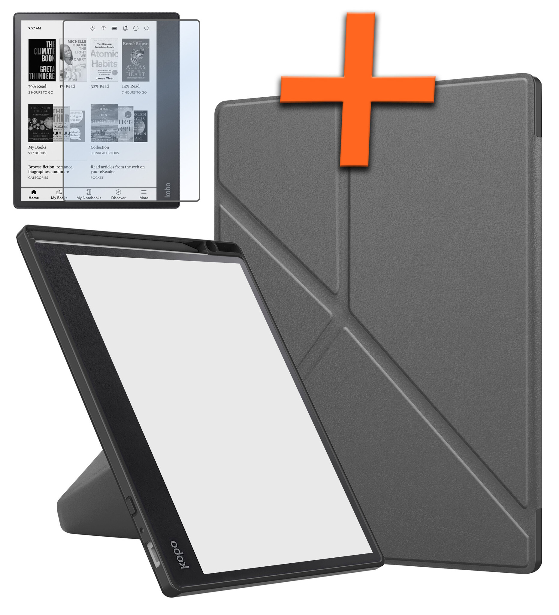 Nomfy Hoesje Geschikt voor Kobo Elipsa 2E Hoes Book Case - Hoes Geschikt voor Kobo Elipsa 2E Hoesje Book Cover Met Screenprotector - Grijs