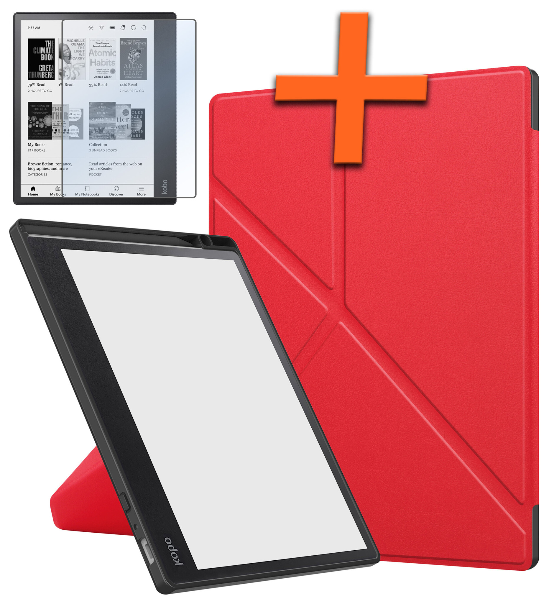 Nomfy Hoesje Geschikt voor Kobo Elipsa 2E Hoes Book Case - Hoes Geschikt voor Kobo Elipsa 2E Hoesje Book Cover Met Screenprotector - Rood