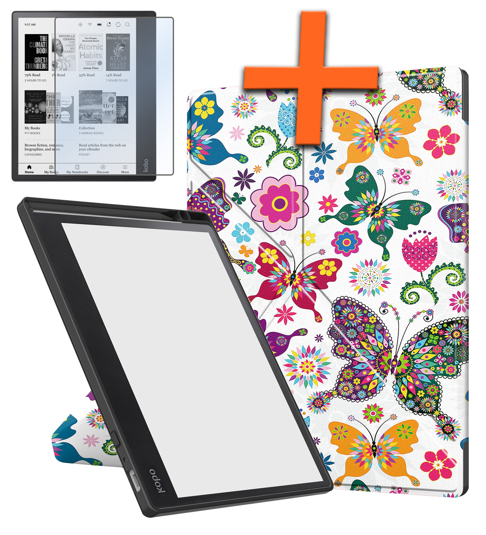 Nomfy Hoesje Geschikt voor Kobo Elipsa 2E Hoes Book Case - Hoes Geschikt voor Kobo Elipsa 2E Hoesje Book Cover Met Screenprotector - Vlinders