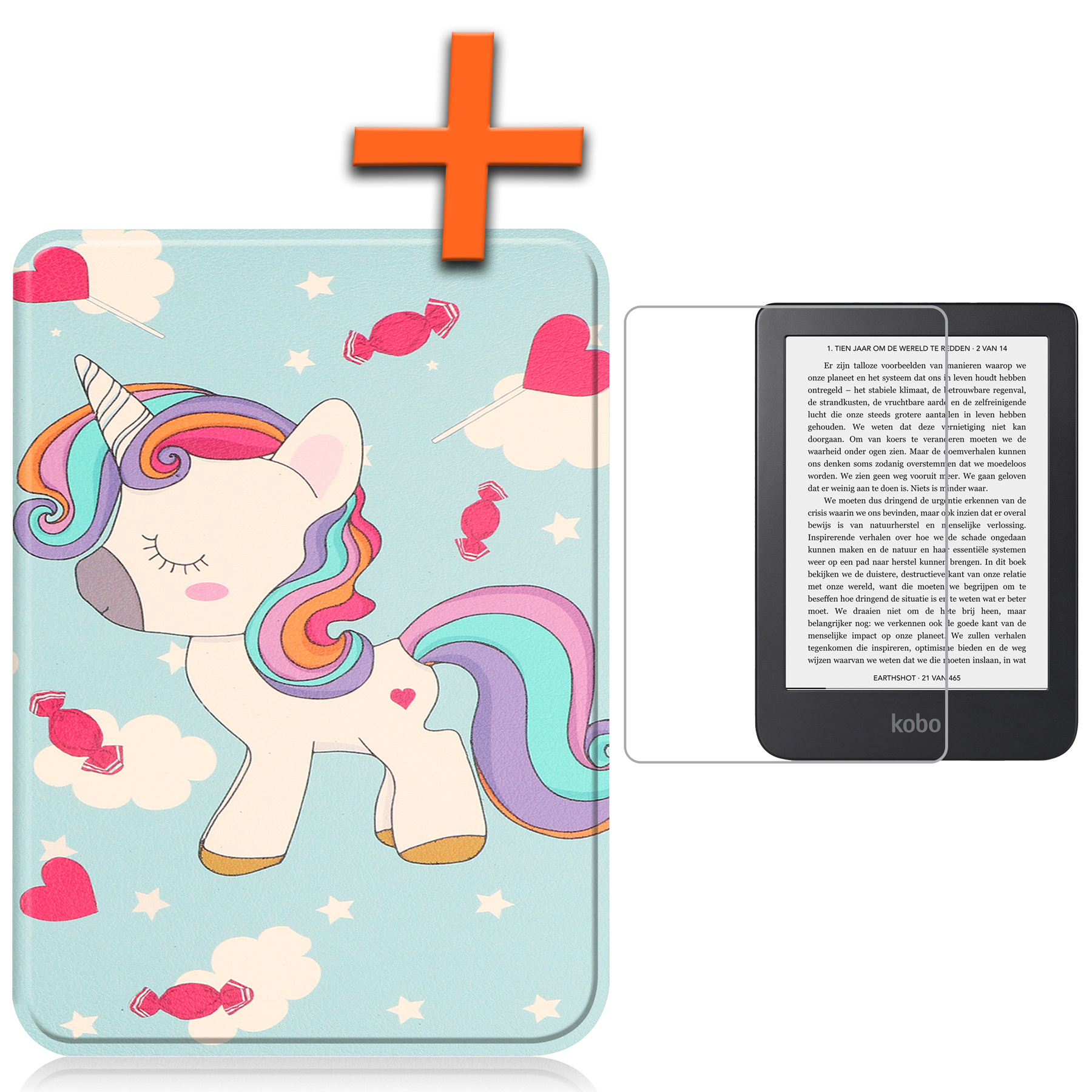Nomfy Hoesje Geschikt voor Kobo Clara 2E Hoes Book Case - Hoes Geschikt voor Kobo Clara 2E Hoesje Book Cover Met Screenprotector - Eenhoorn