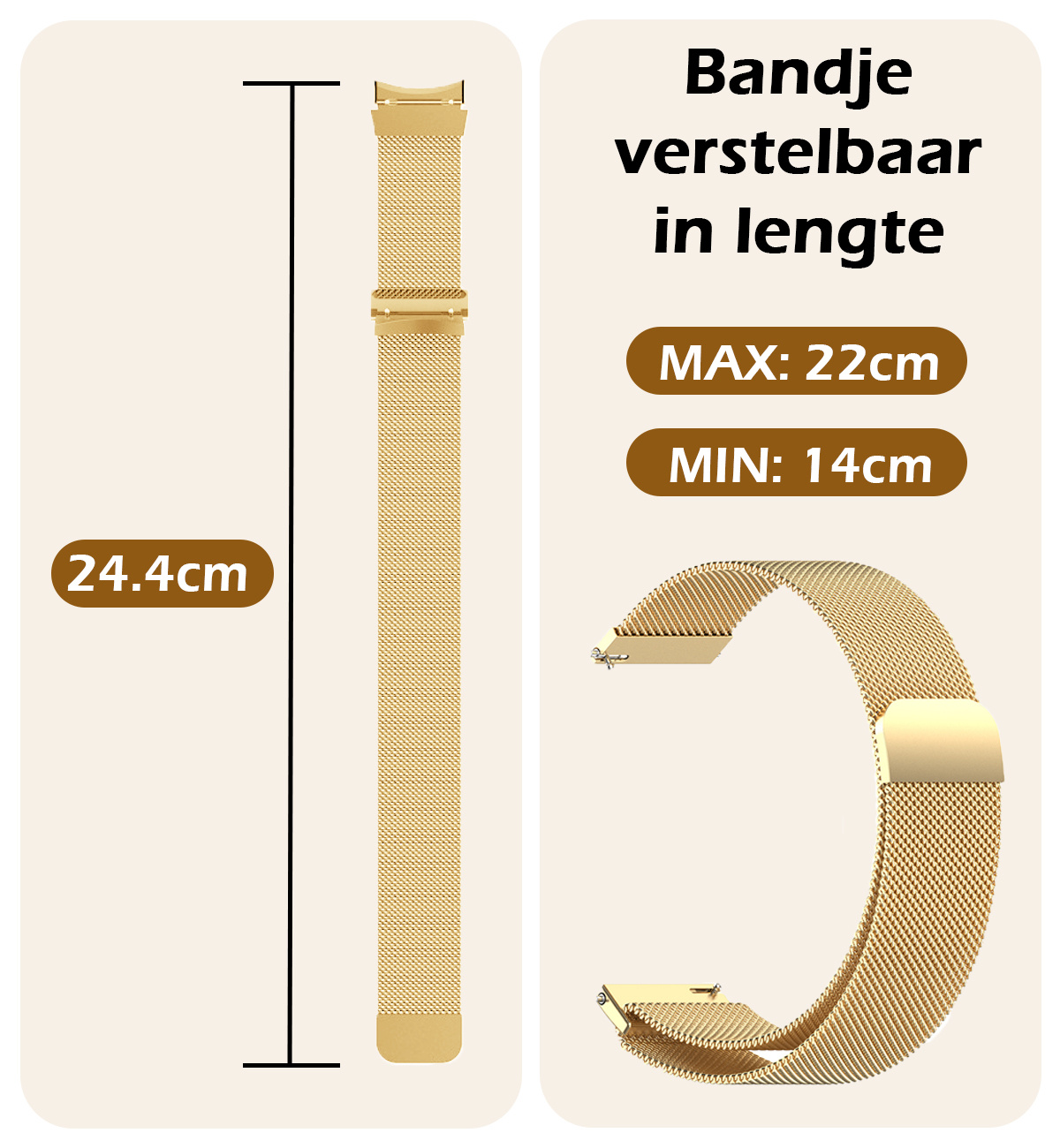Nomfy Milanees Horlogebandje Geschikt voor Samsung Watch 4 Band Milanees Met Magneetsluiting - Bandje Geschikt voor Samsung Galaxy Watch 4 Bandje Milanees - Goud