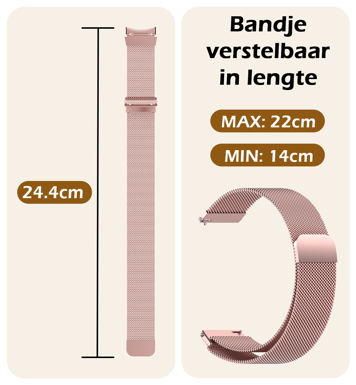 Nomfy Milanees Horlogebandje Geschikt voor Samsung Watch 4 Band Milanees Met Magneetsluiting - Bandje Geschikt voor Samsung Galaxy Watch 4 Bandje Milanees - Rose Goud