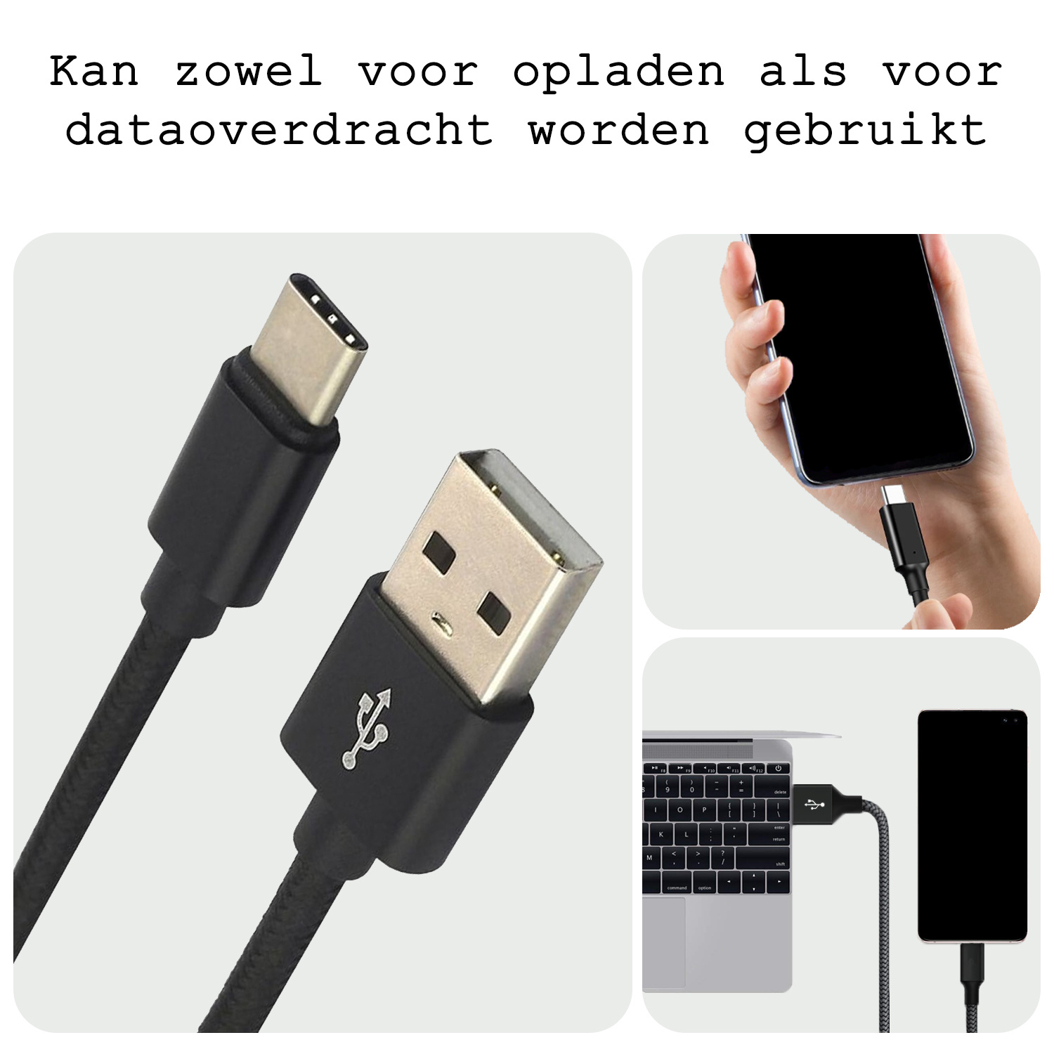 BASEY. USB C Oplader - USB C Kabel - USB C naar USB A Kabel 1.8 meter - Zwart