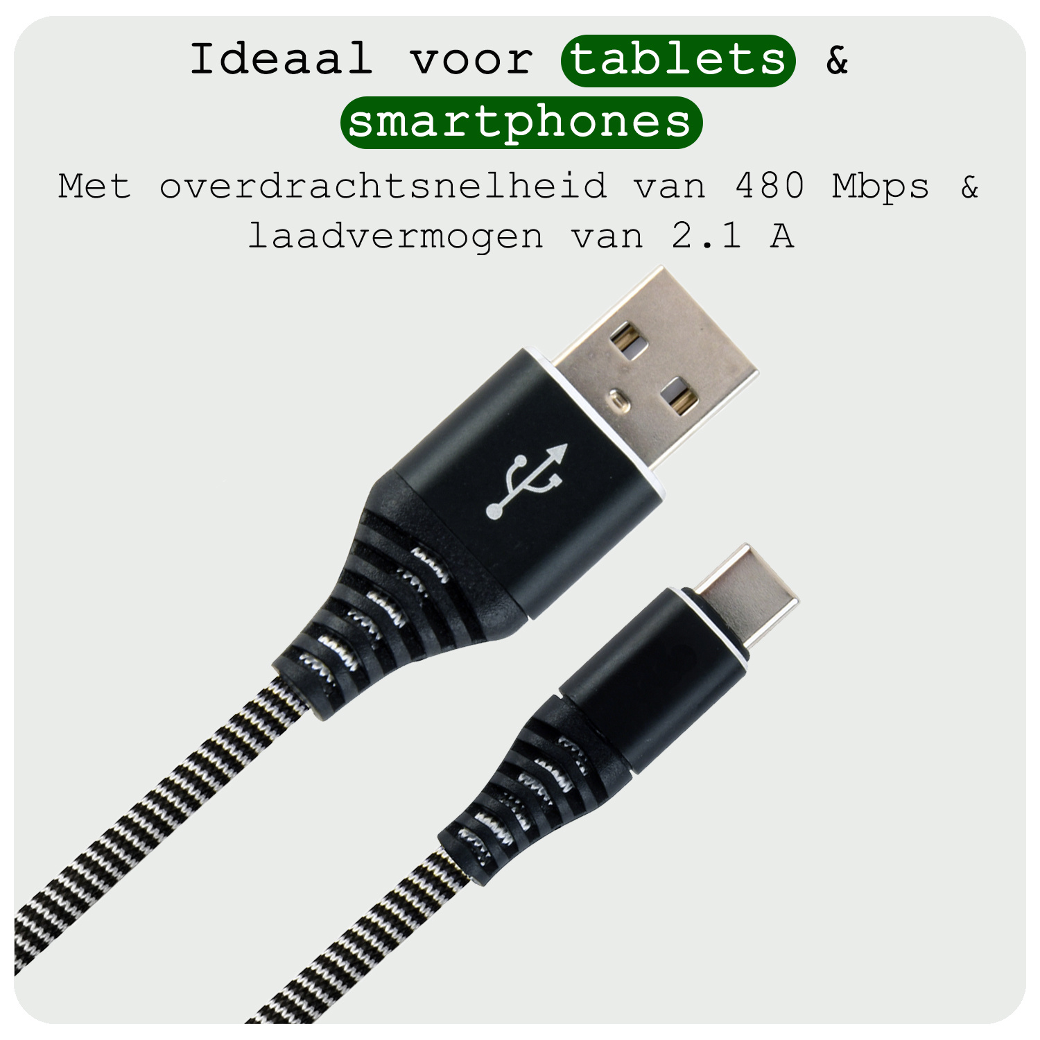 BASEY. USB C Oplader - USB C Kabel - USB C naar USB A Kabel 2 meter - Zwart