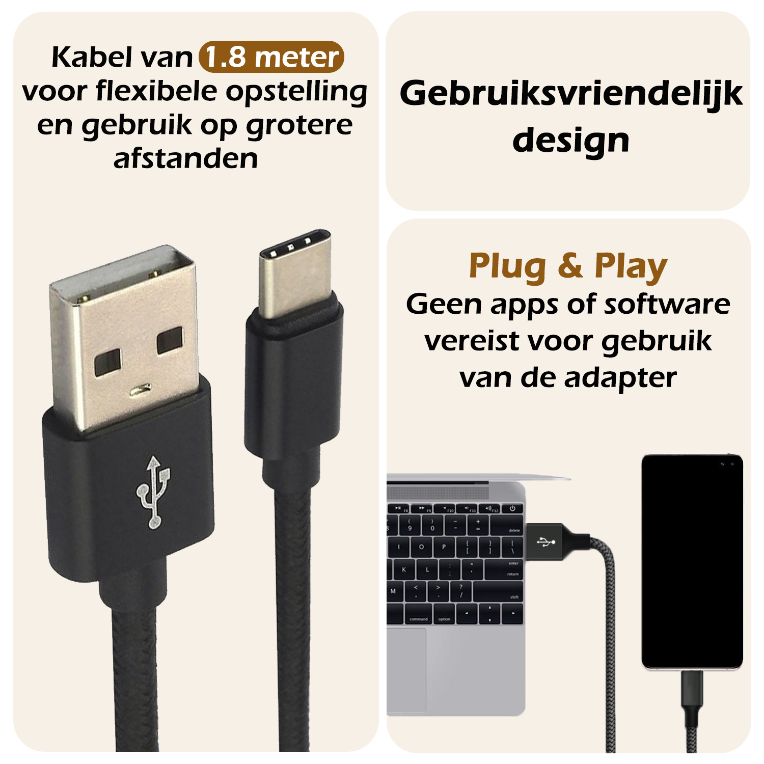 Nomfy USB-C Kabels Oplaadkabel USB-C Kabel Gevlochten Nylon - USB C naar USB A Datakabel - Zwart - 1,8 meter