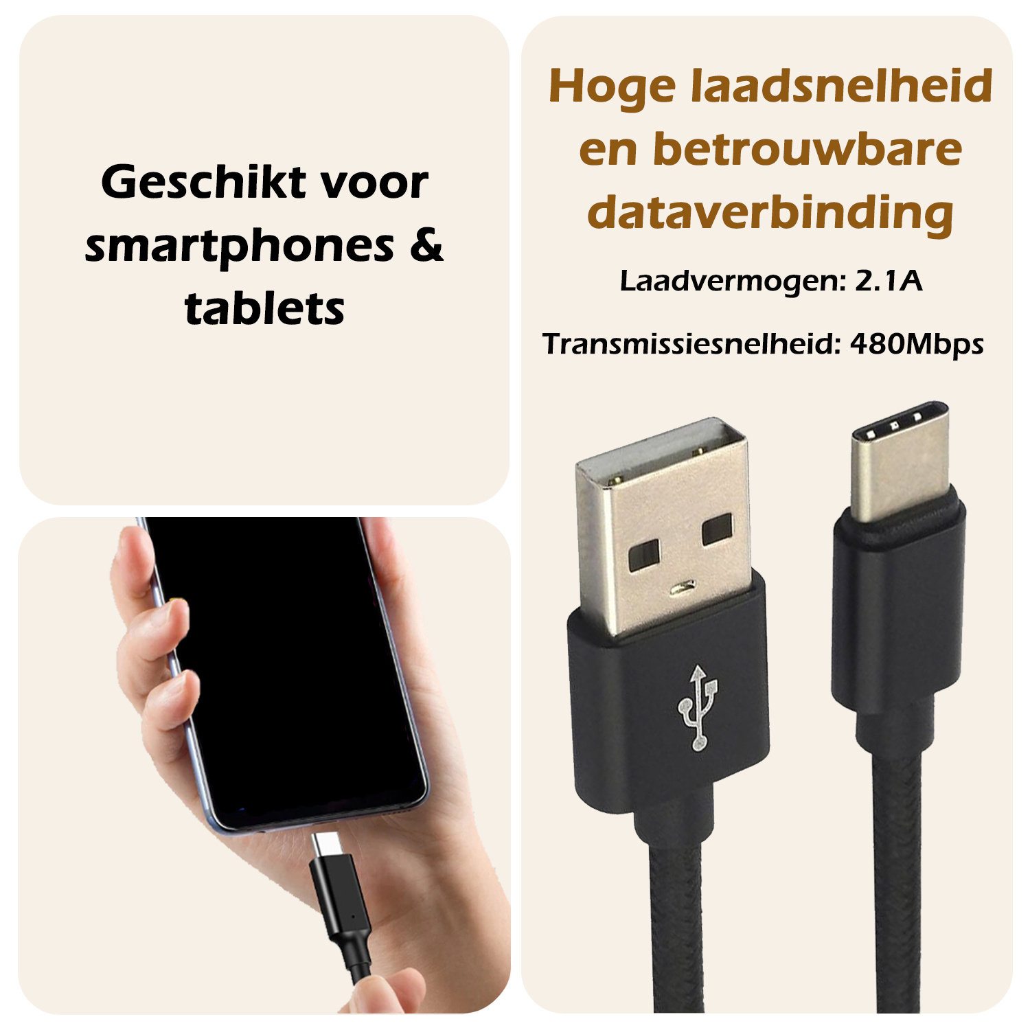 Nomfy USB-C Kabels Oplaadkabel USB-C Kabel Gevlochten Nylon - USB C naar USB A Datakabel - Zwart - 1,8 meter