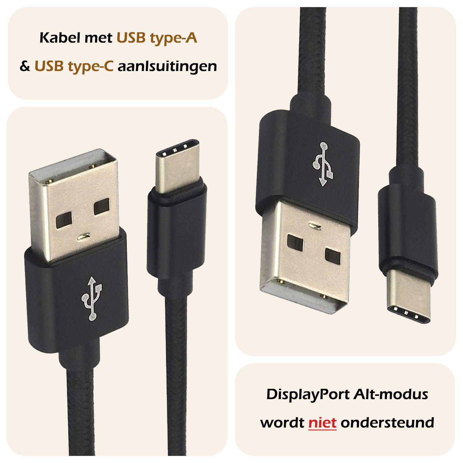 Nomfy USB-C Kabels Oplaadkabel USB-C Kabel Gevlochten Nylon - USB C naar USB A Datakabel - Zwart - 1,8 meter