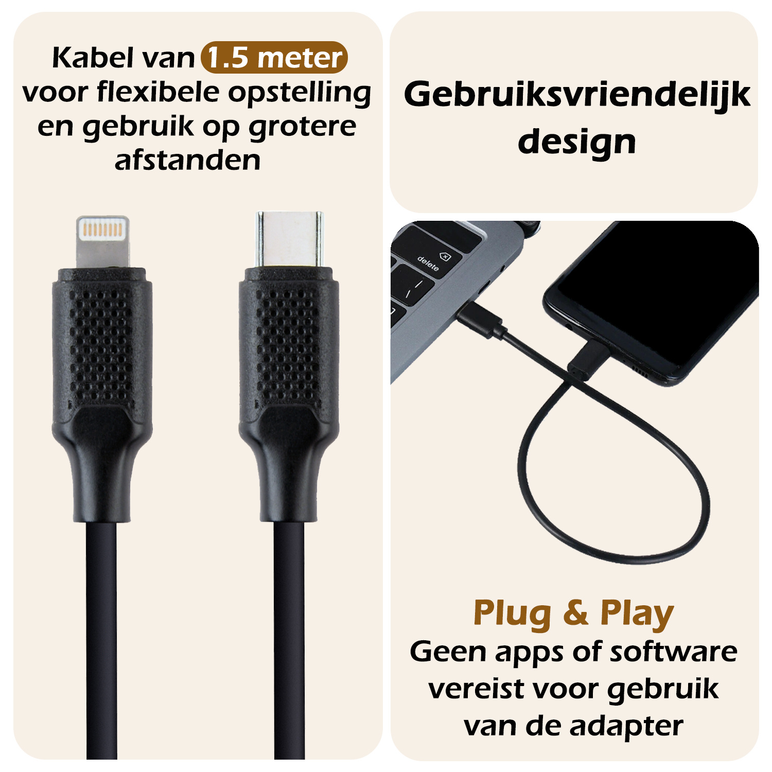 Nomfy USB-C Kabels Oplaadkabel USB-C Kabel Geschikt voor iPhone Lightning - USB C Kabel Geschikt Voor Lightning Datakabel - Zwart - 1,5 meter