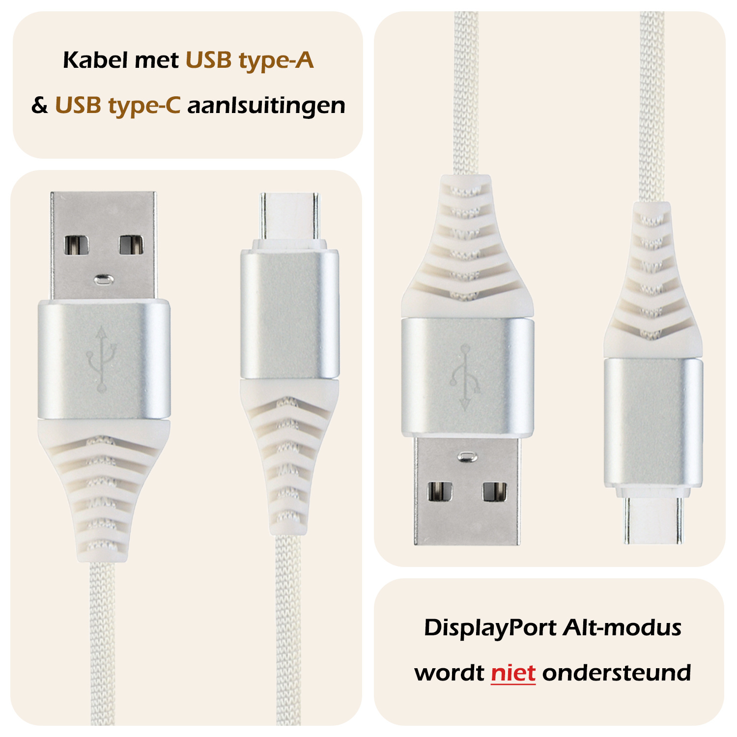 Nomfy USB-C Kabels Oplaadkabel USB-C Kabel Gevlochten Nylon - USB C naar USB A Datakabel - Wit - 1 meter