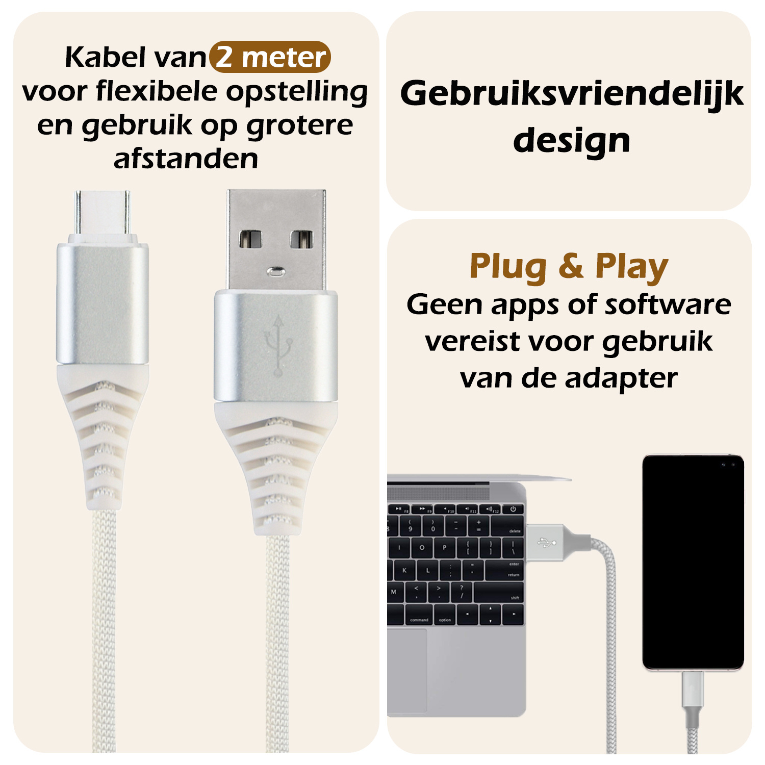 Nomfy USB-C Kabels Oplaadkabel USB-C Kabel Gevlochten Nylon - USB C naar USB A Datakabel - Wit - 2 meter