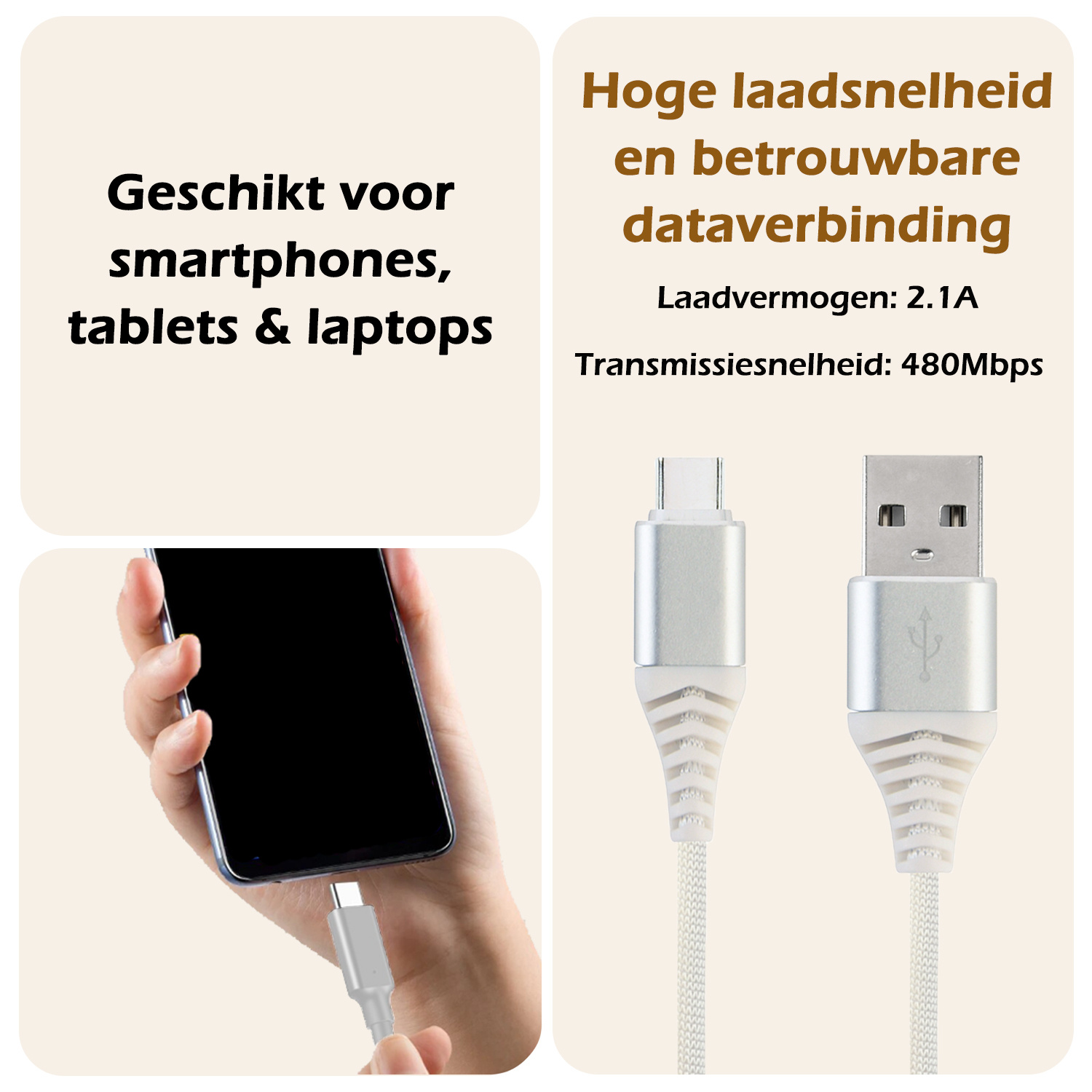 Nomfy USB-C Kabels Oplaadkabel USB-C Kabel Gevlochten Nylon - USB C naar USB A Datakabel - Wit - 2 meter
