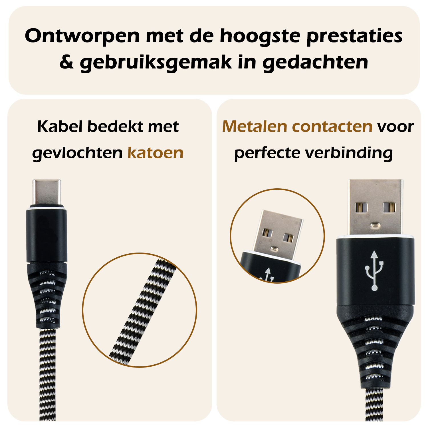 Nomfy USB-C Kabels Oplaadkabel USB-C Kabel Gevlochten Nylon - USB C naar USB A Datakabel - Zwart/Wit - 1 meter