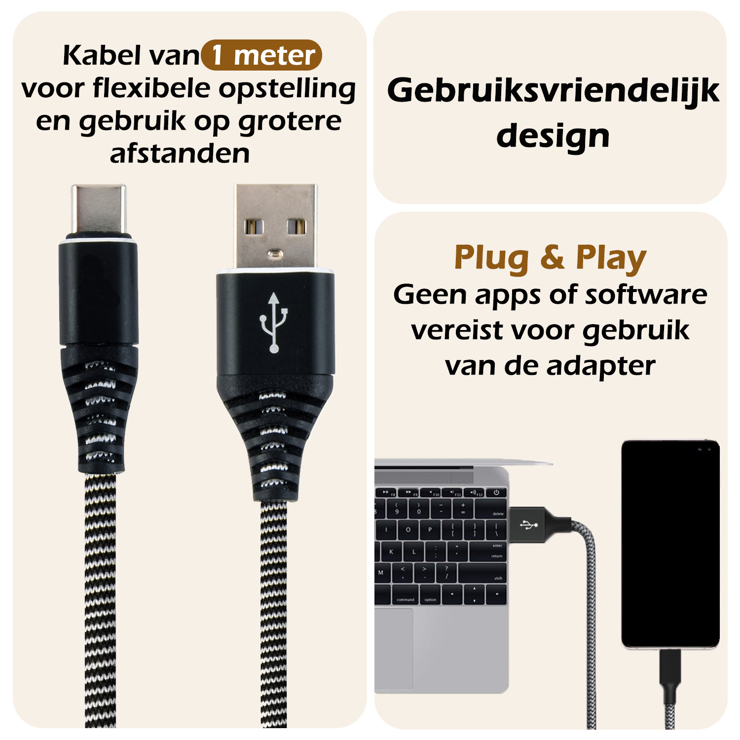 Nomfy USB-C Kabels Oplaadkabel USB-C Kabel Gevlochten Nylon - USB C naar USB A Datakabel - Zwart/Wit - 1 meter