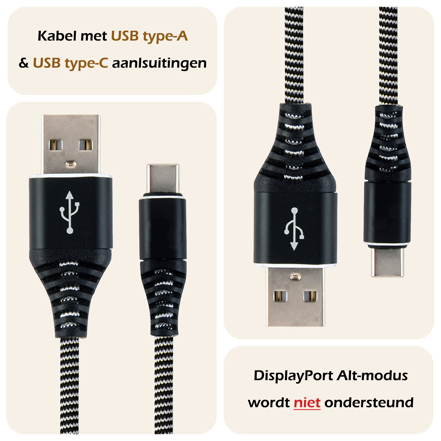 Nomfy USB-C Kabels Oplaadkabel USB-C Kabel Gevlochten Nylon - USB C naar USB A Datakabel - Zwart/Wit - 2 meter