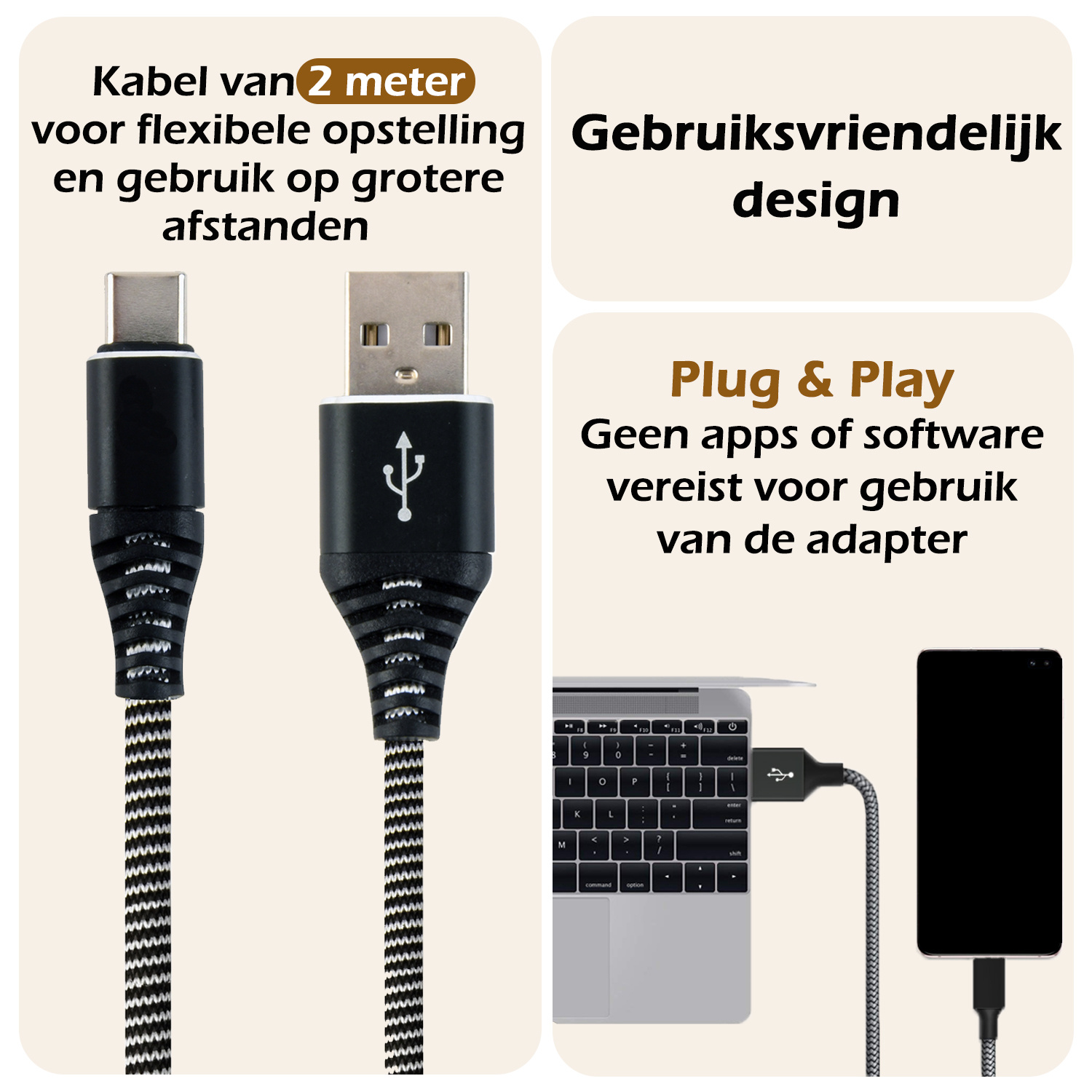 Nomfy USB-C Kabels Oplaadkabel USB-C Kabel Gevlochten Nylon - USB C naar USB A Datakabel - Zwart/Wit - 2 meter