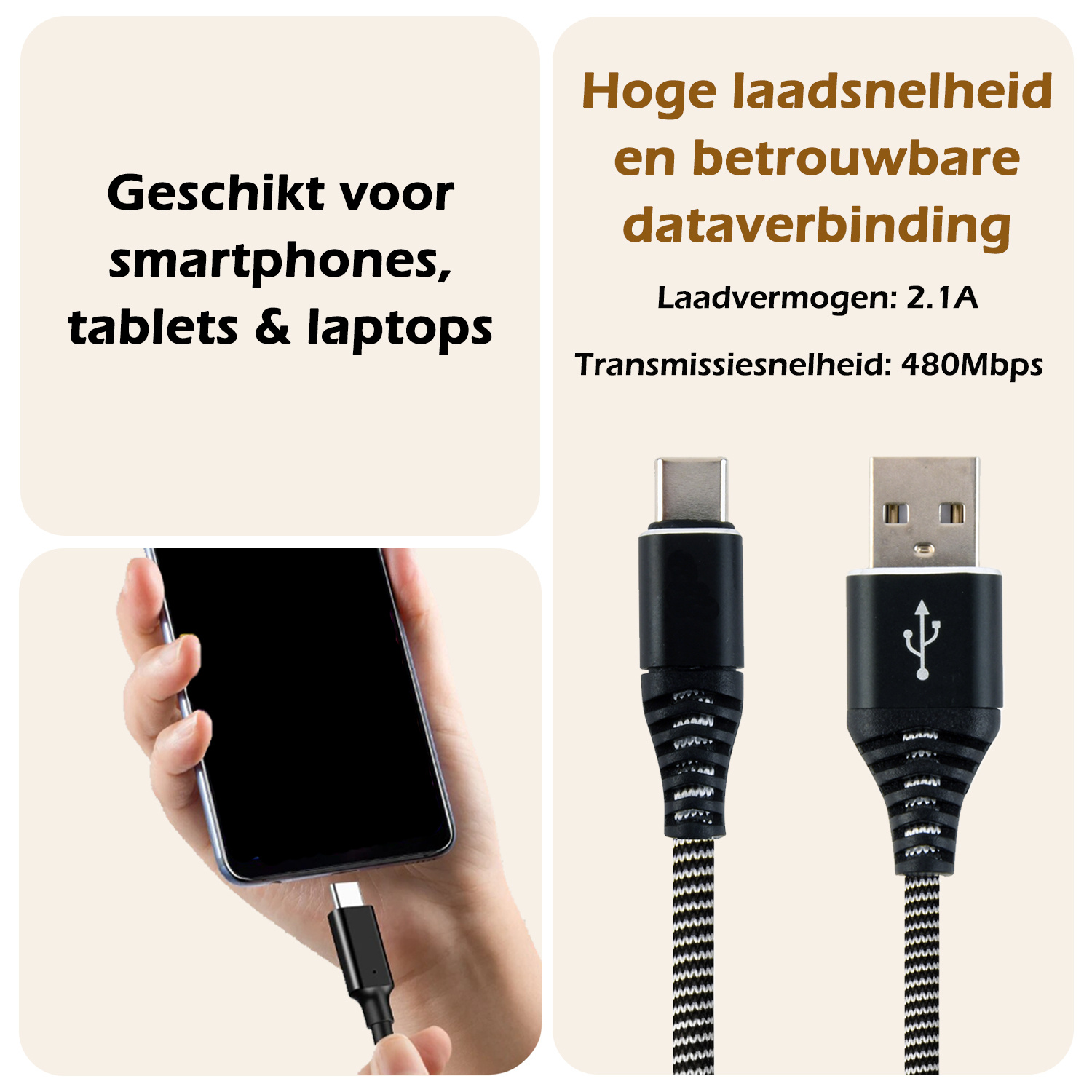 Nomfy USB-C Kabels Oplaadkabel USB-C Kabel Gevlochten Nylon - USB C naar USB A Datakabel - Zwart/Wit - 2 meter