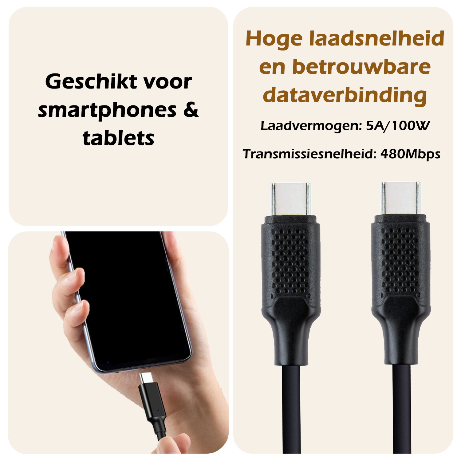 Nomfy USB-C Kabels Oplaadkabel USB-C Kabel (100W) - USB C naar USB C Datakabel - Zwart - 1,5 meter