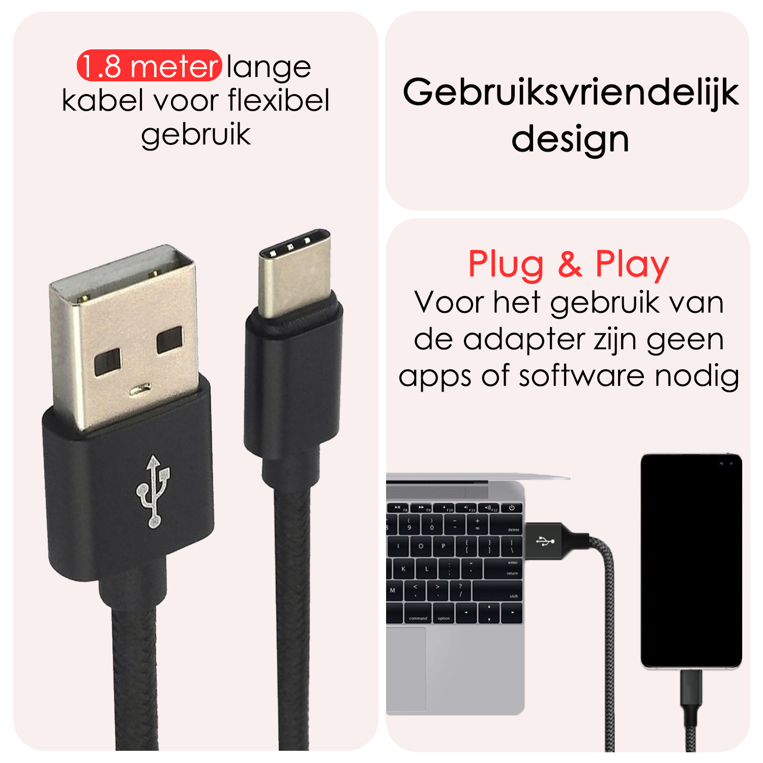 NoXx USB-C Kabels Oplaadkabel USB A naar USB C Kabel Nylon - USB C Kabel Data - USB C naar USB A Kabel - 1.8 meter - Zwart