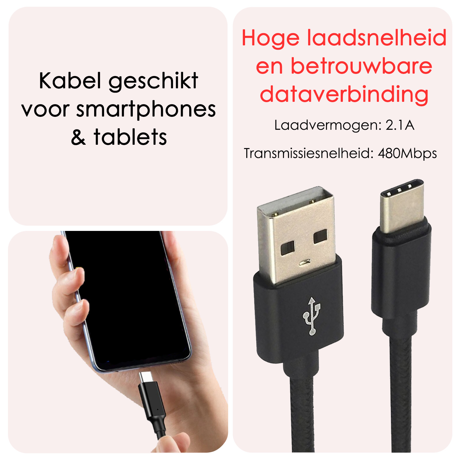 NoXx USB-C Kabels Oplaadkabel USB A naar USB C Kabel Nylon - USB C Kabel Data - USB C naar USB A Kabel - 1.8 meter - Zwart