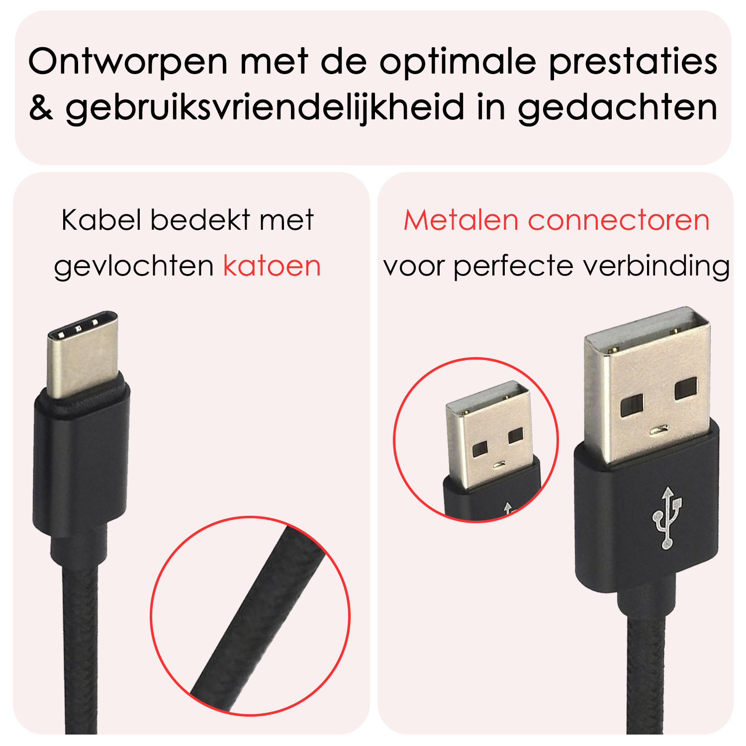 NoXx USB-C Kabels Oplaadkabel USB A naar USB C Kabel Nylon - USB C Kabel Data - USB C naar USB A Kabel - 1.8 meter - Zwart