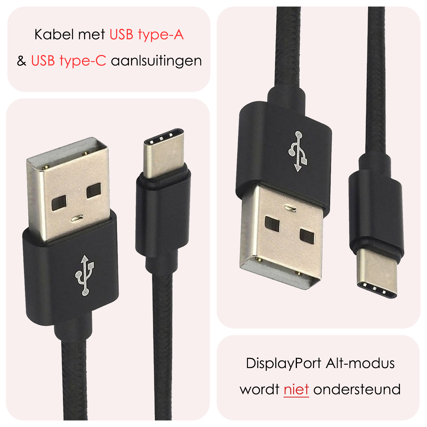 NoXx USB-C Kabels Oplaadkabel USB A naar USB C Kabel Nylon - USB C Kabel Data - USB C naar USB A Kabel - 1.8 meter - Zwart