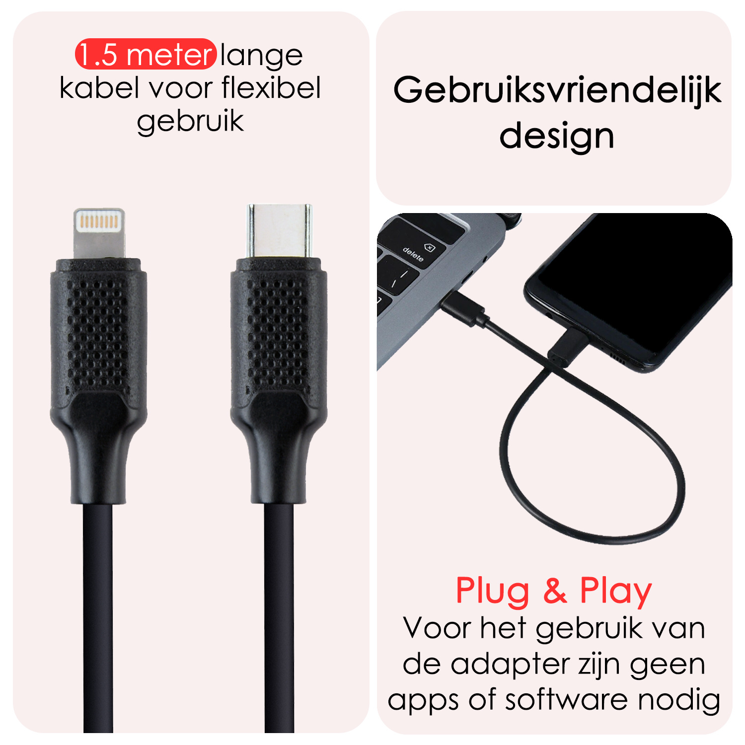 NoXx USB-C Kabels Oplaadkabel USB C naar Geschikt voor iPhone Lightning - USB C Kabel Data - Kabel Geschikt voor USB C naar Lightning Kabel - 1.5 meter - Zwart