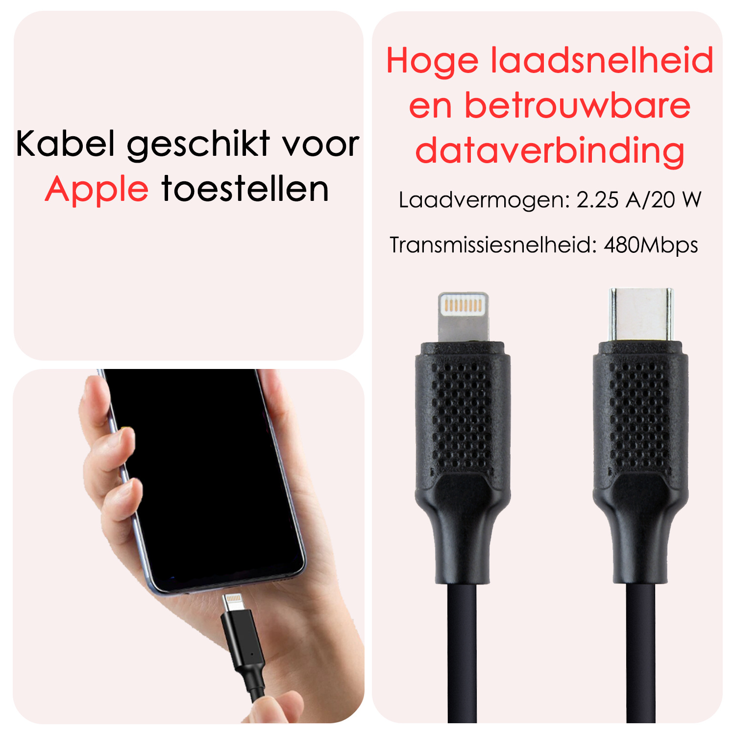 NoXx USB-C Kabels Oplaadkabel USB C naar Geschikt voor iPhone Lightning - USB C Kabel Data - Kabel Geschikt voor USB C naar Lightning Kabel - 1.5 meter - Zwart