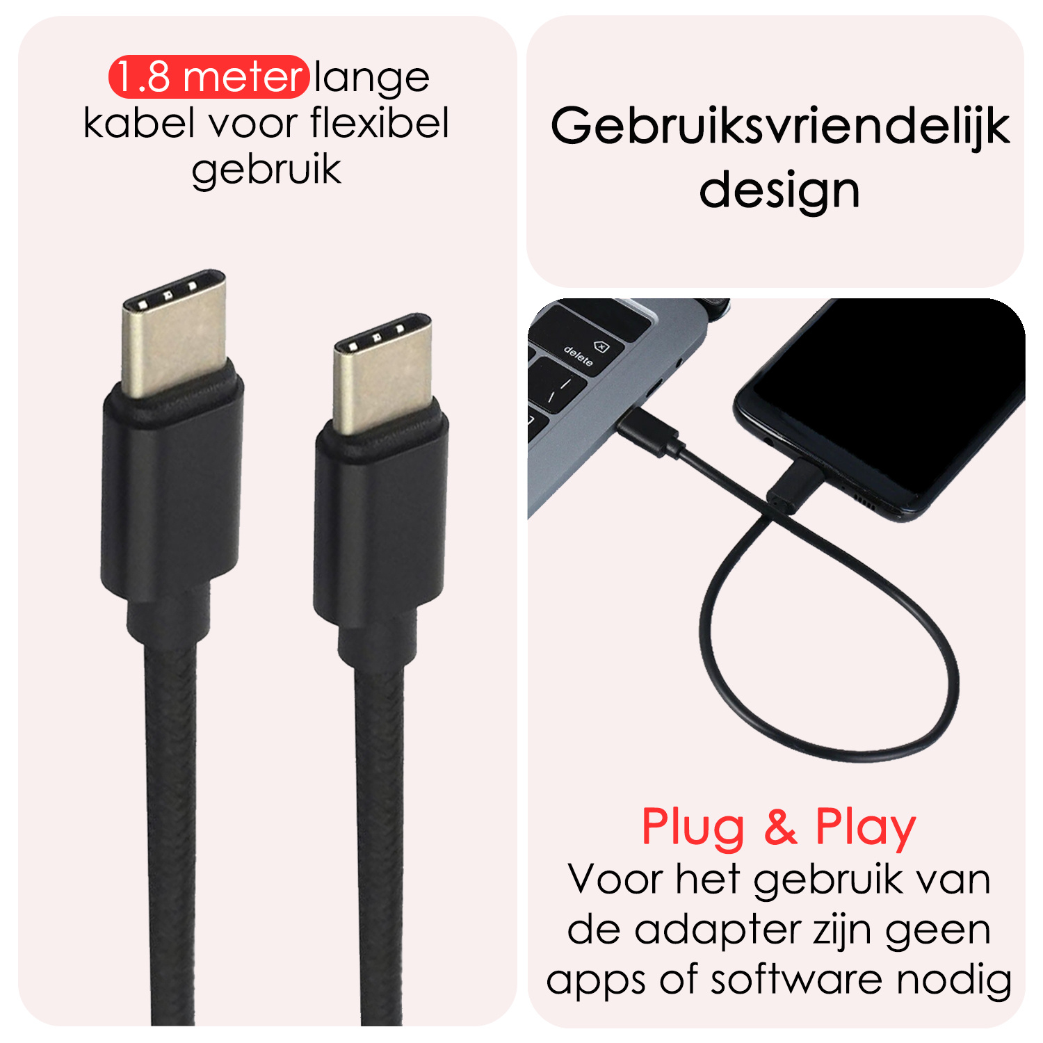NoXx USB-C Kabels Oplaadkabel USB C naar USB C Kabel Nylon - USB C Kabel Data - USB C naar USB C Kabel - 1.8 meter - Zwart