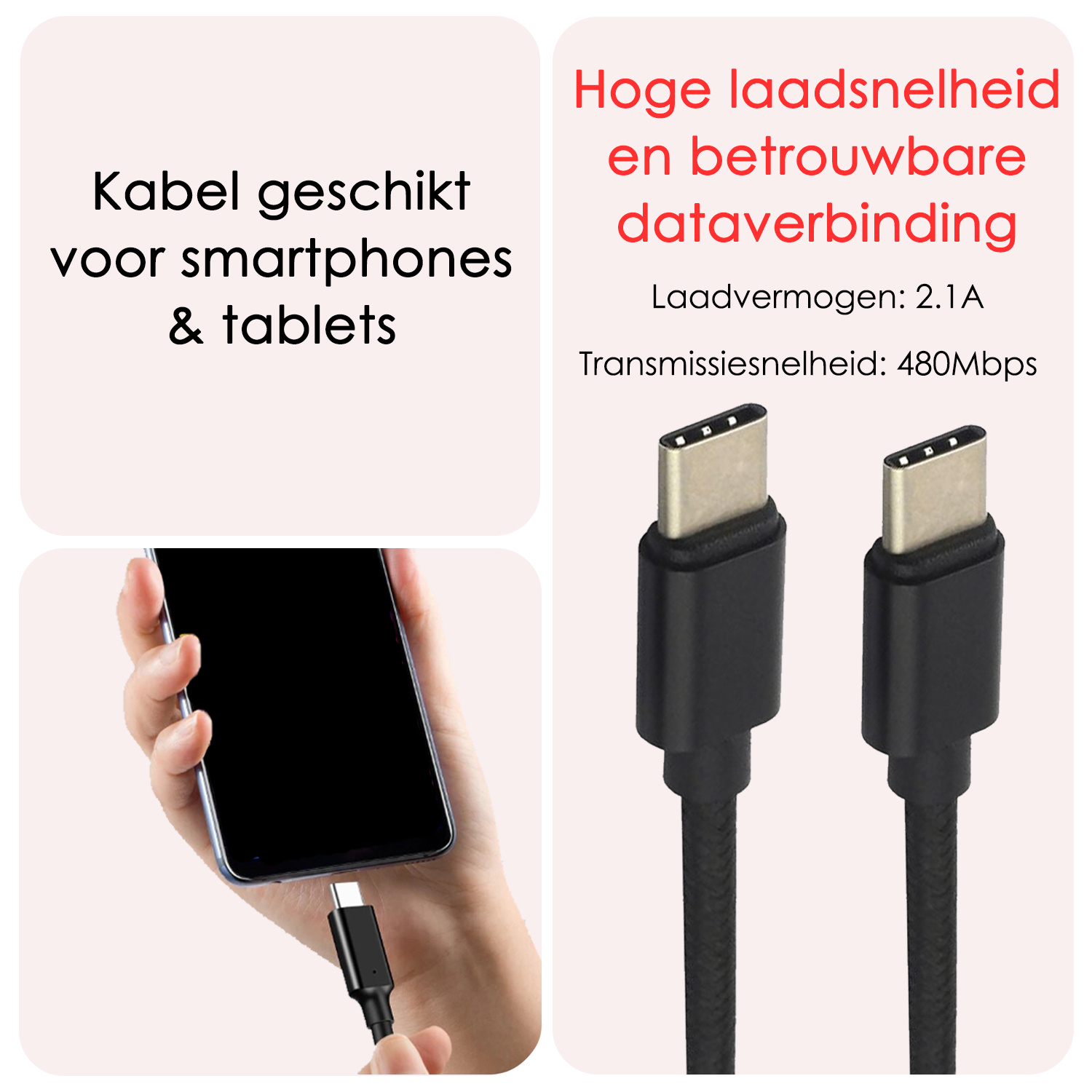 NoXx USB-C Kabels Oplaadkabel USB C naar USB C Kabel Nylon - USB C Kabel Data - USB C naar USB C Kabel - 1.8 meter - Zwart