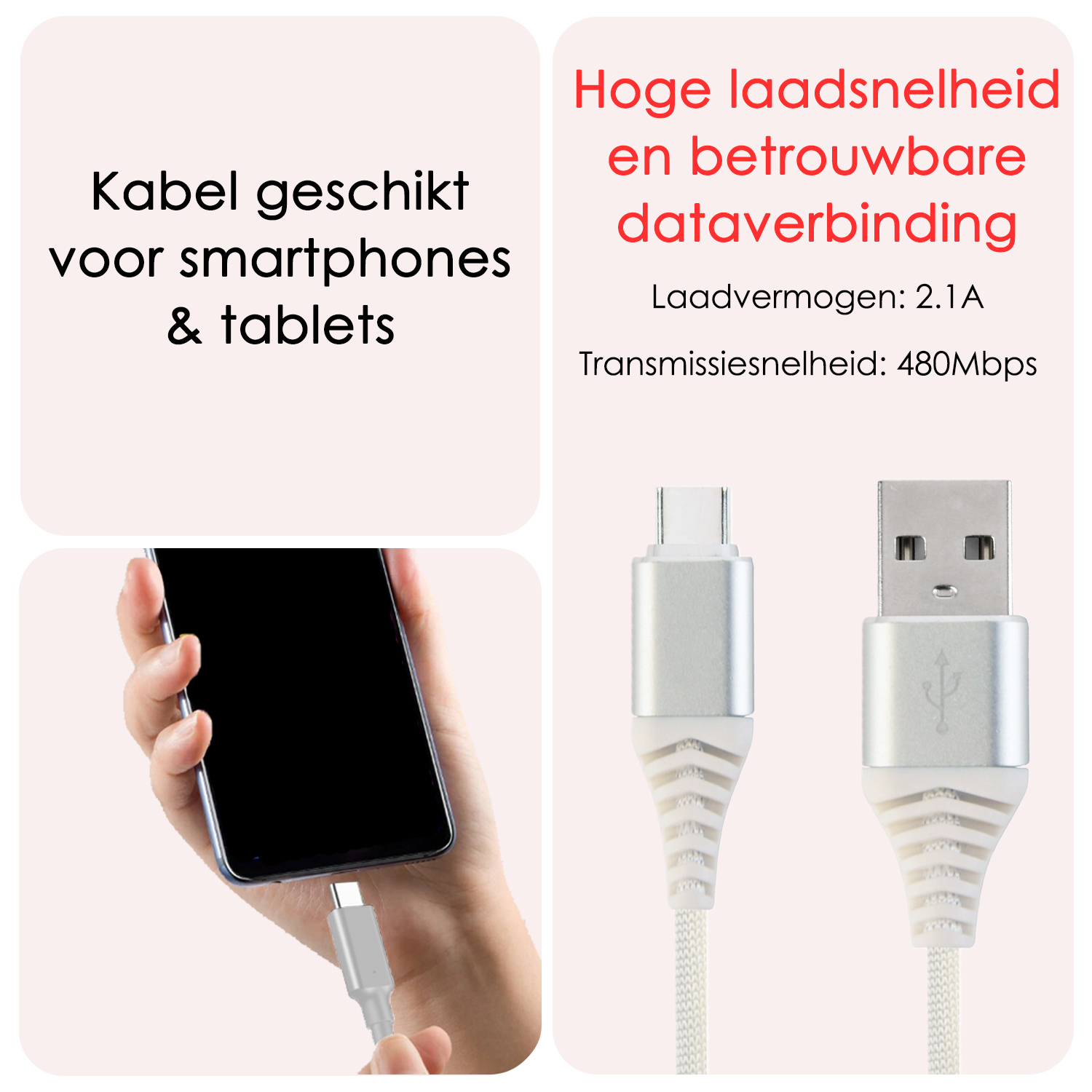 NoXx USB-C Kabels Oplaadkabel USB A naar USB C Kabel Nylon - USB A Kabel Data - USB A naar USB C Kabel - 1 meter - Wit