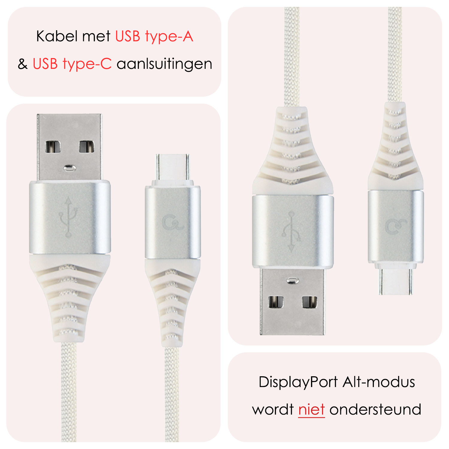 NoXx USB-C Kabels Oplaadkabel USB A naar USB C Kabel Nylon - USB A Kabel Data - USB A naar USB C Kabel - 1 meter - Wit