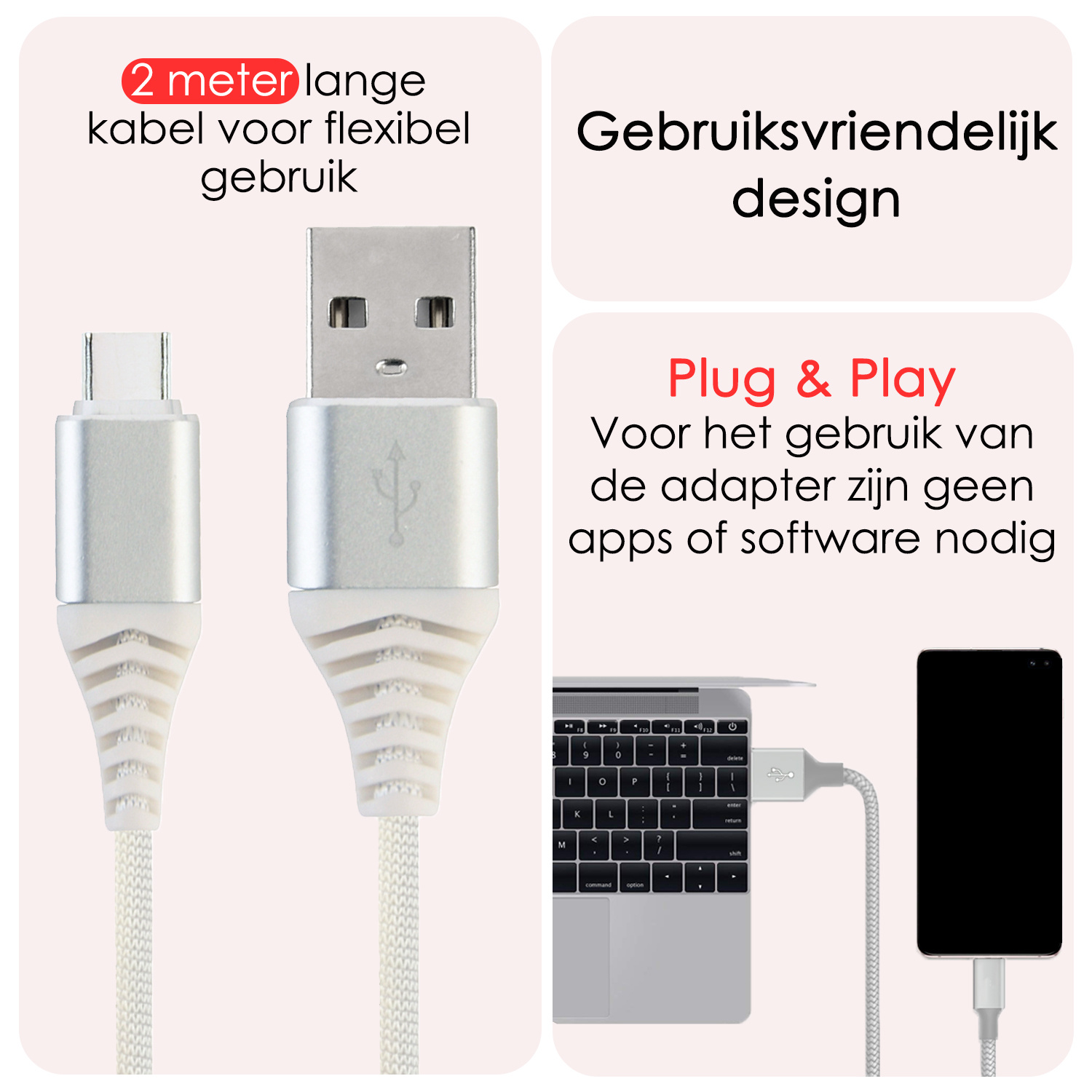 NoXx USB-C Kabels Oplaadkabel USB A naar USB C Kabel Nylon - USB A Kabel Data - USB A naar USB C Kabel - 2 meter - Wit