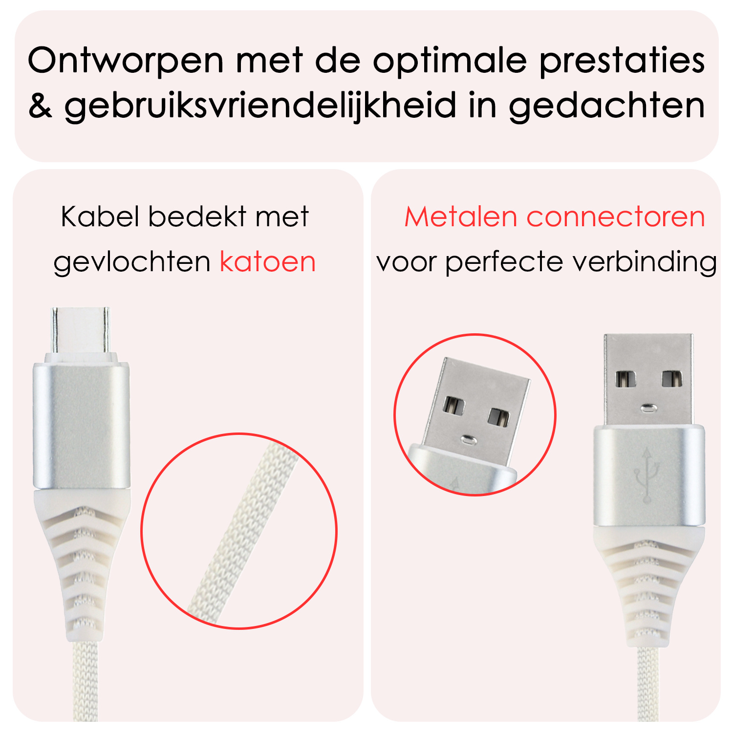 NoXx USB-C Kabels Oplaadkabel USB A naar USB C Kabel Nylon - USB A Kabel Data - USB A naar USB C Kabel - 2 meter - Wit
