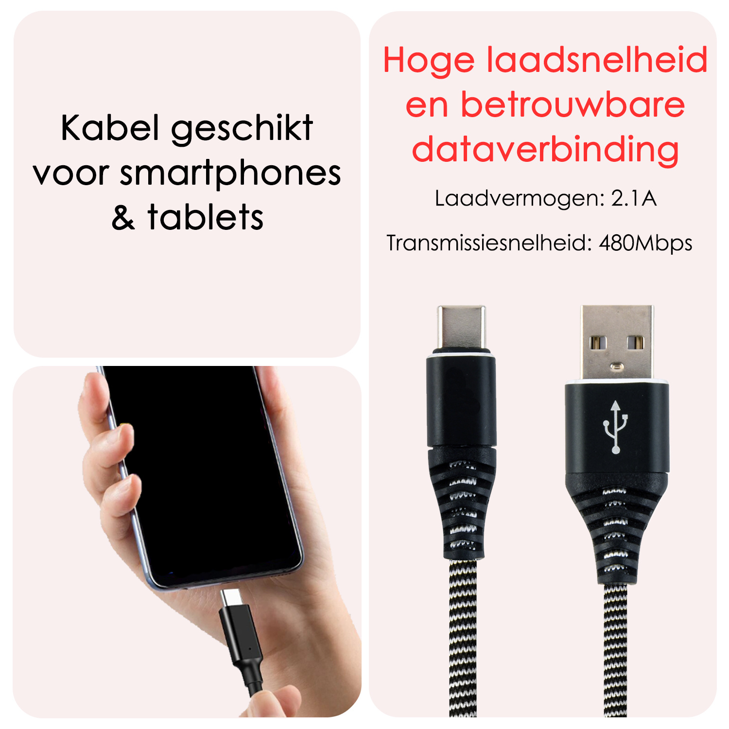 NoXx USB-C Kabels Oplaadkabel USB A naar USB C Kabel Nylon - USB A Kabel Data USB A naar USB C Kabel - 1 meter - Zwart/Wit