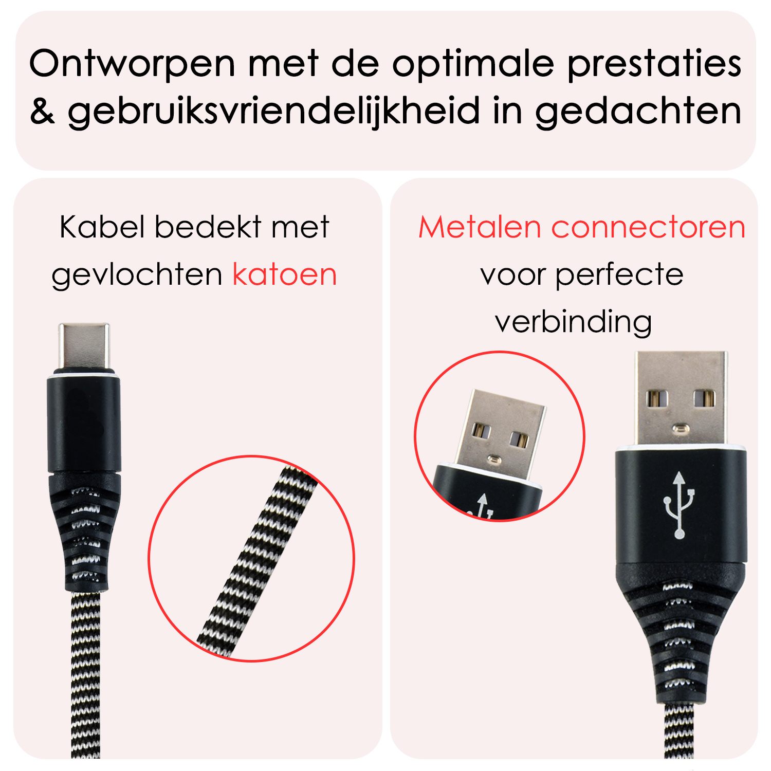 NoXx USB-C Kabels Oplaadkabel USB A naar USB C Kabel Nylon - USB A Kabel Data USB A naar USB C Kabel - 1 meter - Zwart/Wit