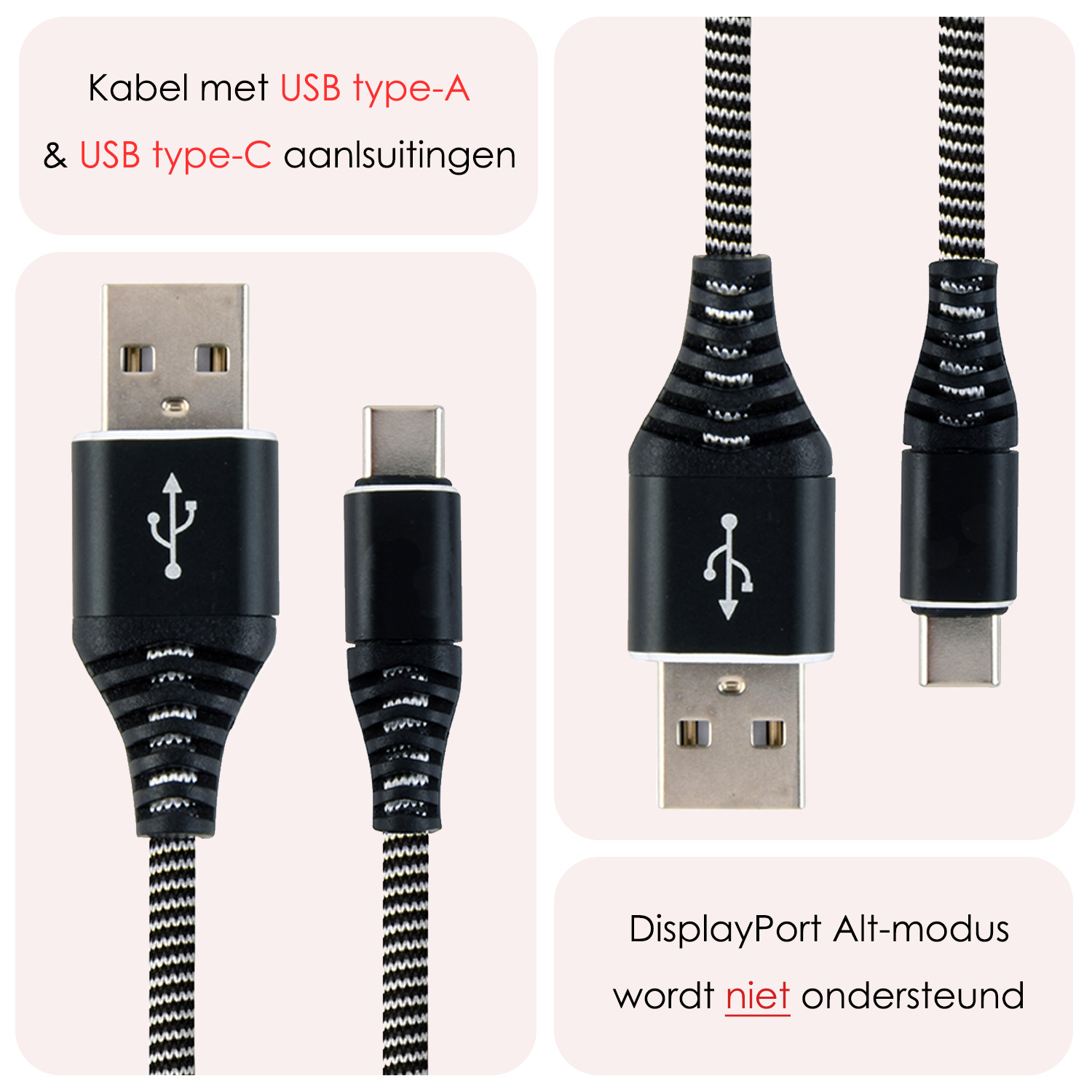 NoXx USB-C Kabels Oplaadkabel USB A naar USB C Kabel Nylon - USB A Kabel Data USB A naar USB C Kabel - 1 meter - Zwart/Wit