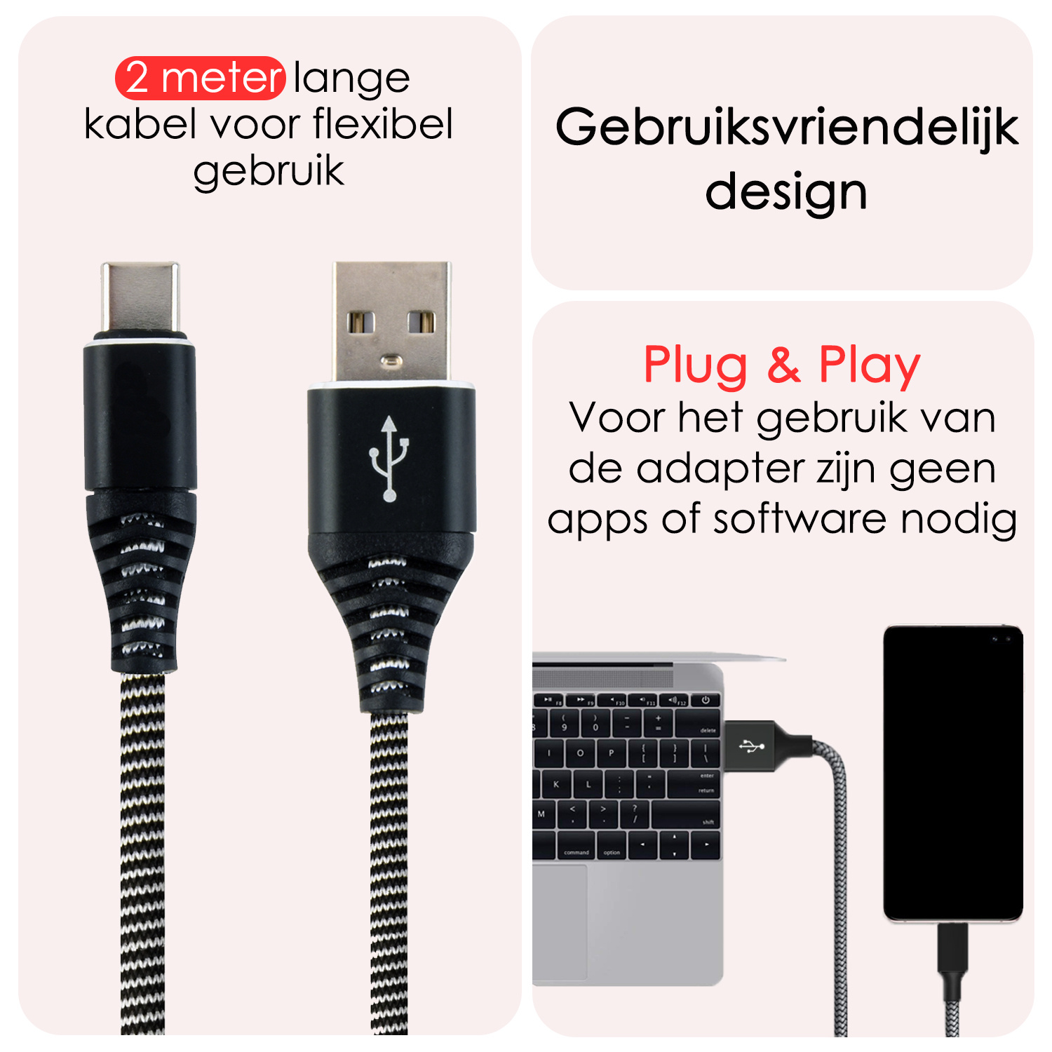 NoXx USB-C Kabels Oplaadkabel USB A naar USB C Kabel Nylon - USB C Kabel Data - USB A naar USB C Kabel - 2 meter - Zwart/Wit