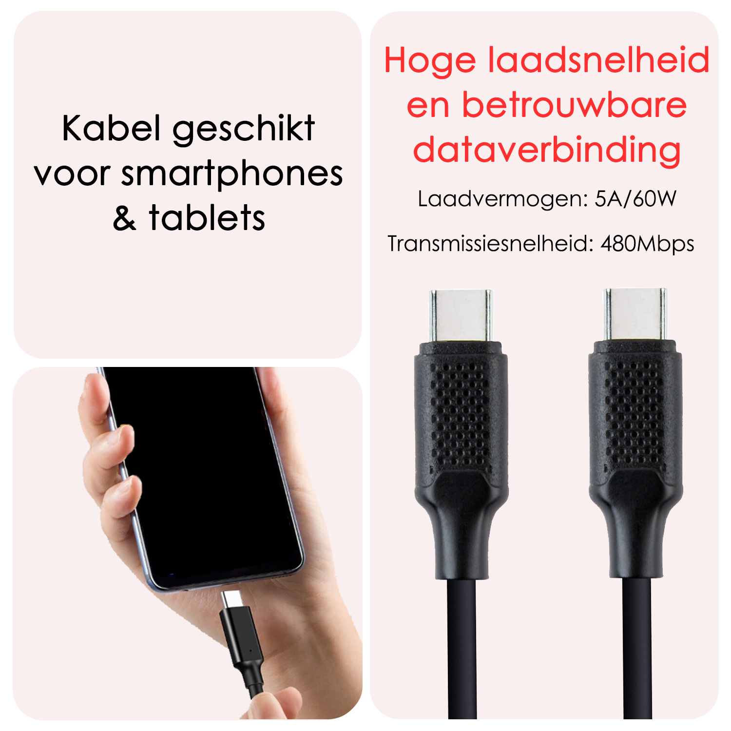 NoXx USB-C Kabels Oplaadkabel (60W) USB C naar USB C Kabel - USB C Kabel Data - USB C naar USB C Kabel - 1,5 meter - Zwart