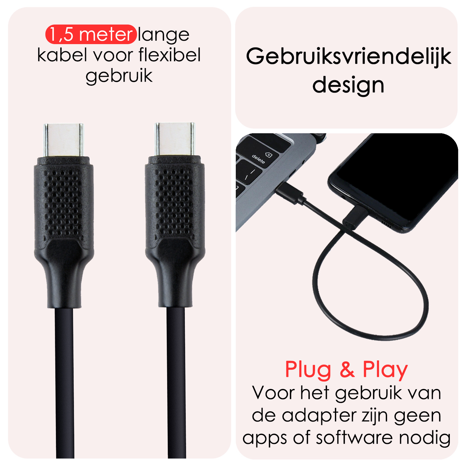 NoXx USB-C Kabels Oplaadkabel (100W) USB C naar USB C Kabel - USB C Kabel Data - USB C naar USB C Kabel - 1,5 meter - Zwart