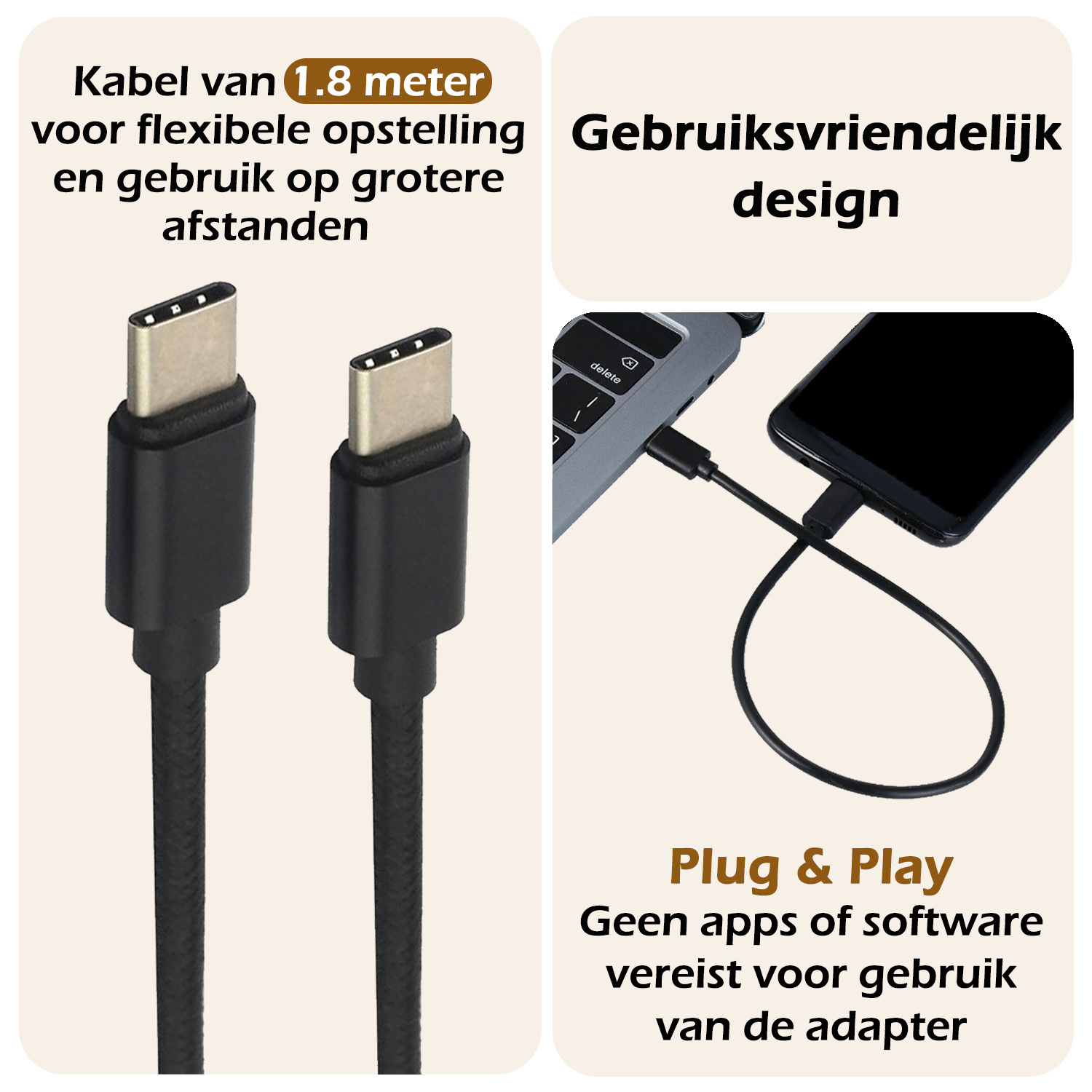 Nomfy USB-C Kabels Oplaadkabel USB-C Kabel Gevlochten Nylon - USB C naar USB C Datakabel - Zwart - 1,8 meter
