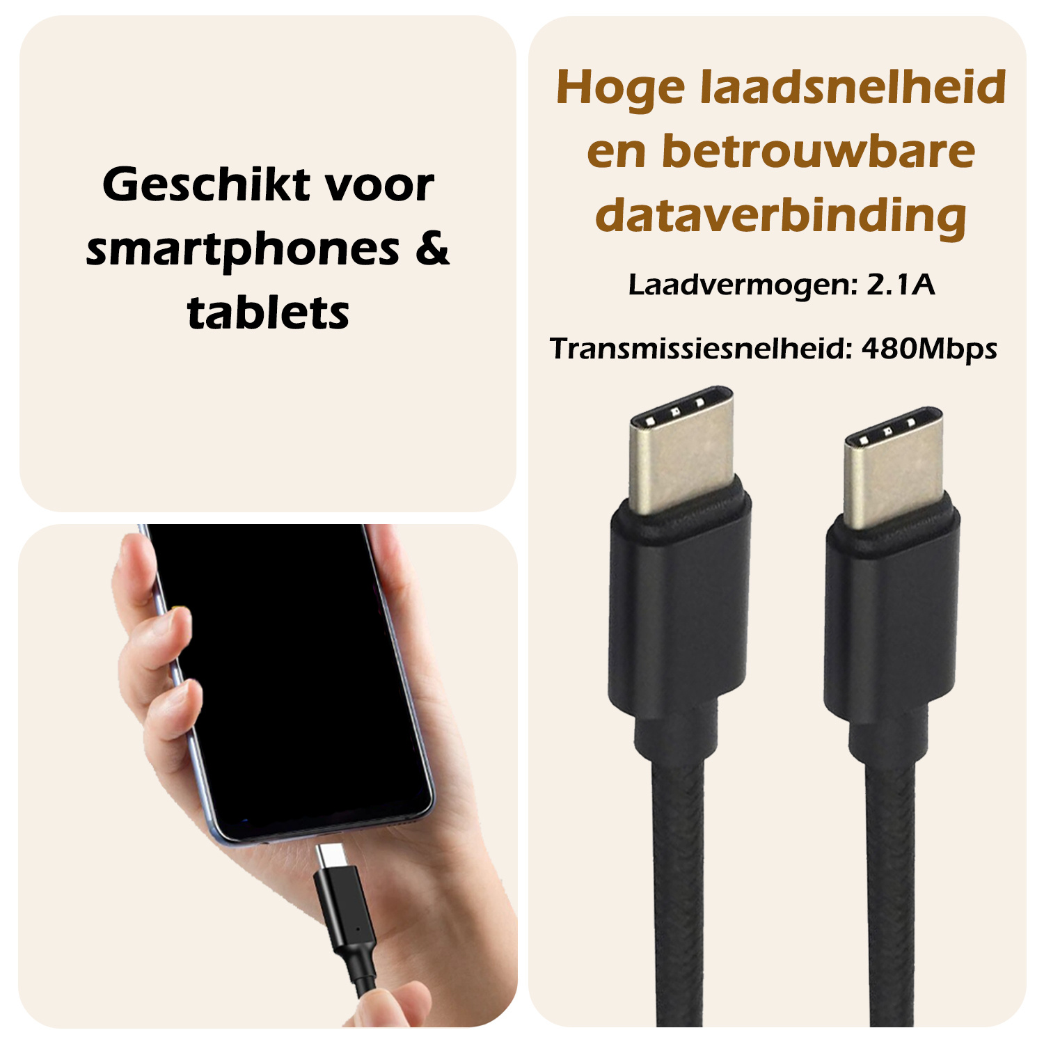 Nomfy USB-C Kabels Oplaadkabel USB-C Kabel Gevlochten Nylon - USB C naar USB C Datakabel - Zwart - 1,8 meter