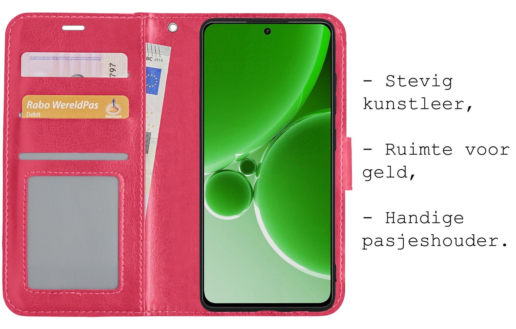 BASEY. Hoes Geschikt voor OnePlus Nord 3 Hoesje Bookcase Hoes Flip Case Book Cover Met 2x Screenprotector - Hoesje Geschikt voor OnePlus Nord 3 Hoes Book Case Hoesje - Donkerroze